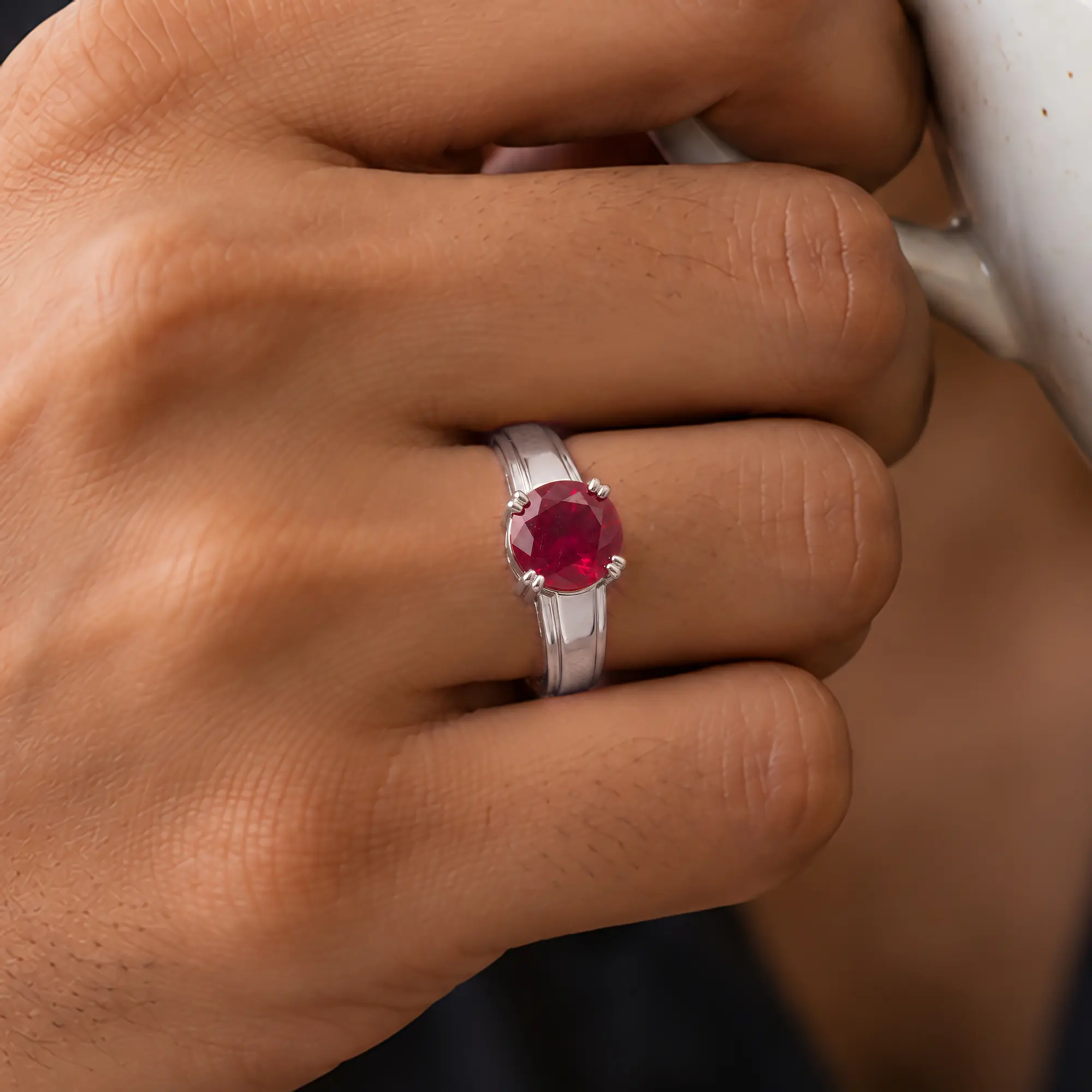 Ruby (Manik) Ring for Men in 18K White Gold – Oval 9x8 mm, Prong Setting, 6 g (Design K16A-10) thumbnail