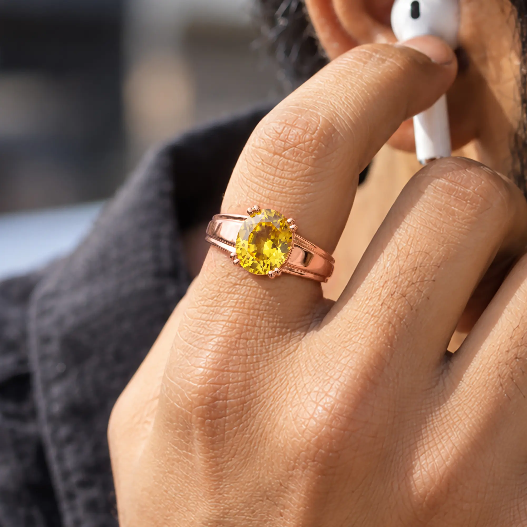 Yellow Sapphire (Pukhraj) Ring for Men in 18K Rose Gold – Oval 9x8 mm, Prong Setting, 6 g (Design K16A-10) thumbnail