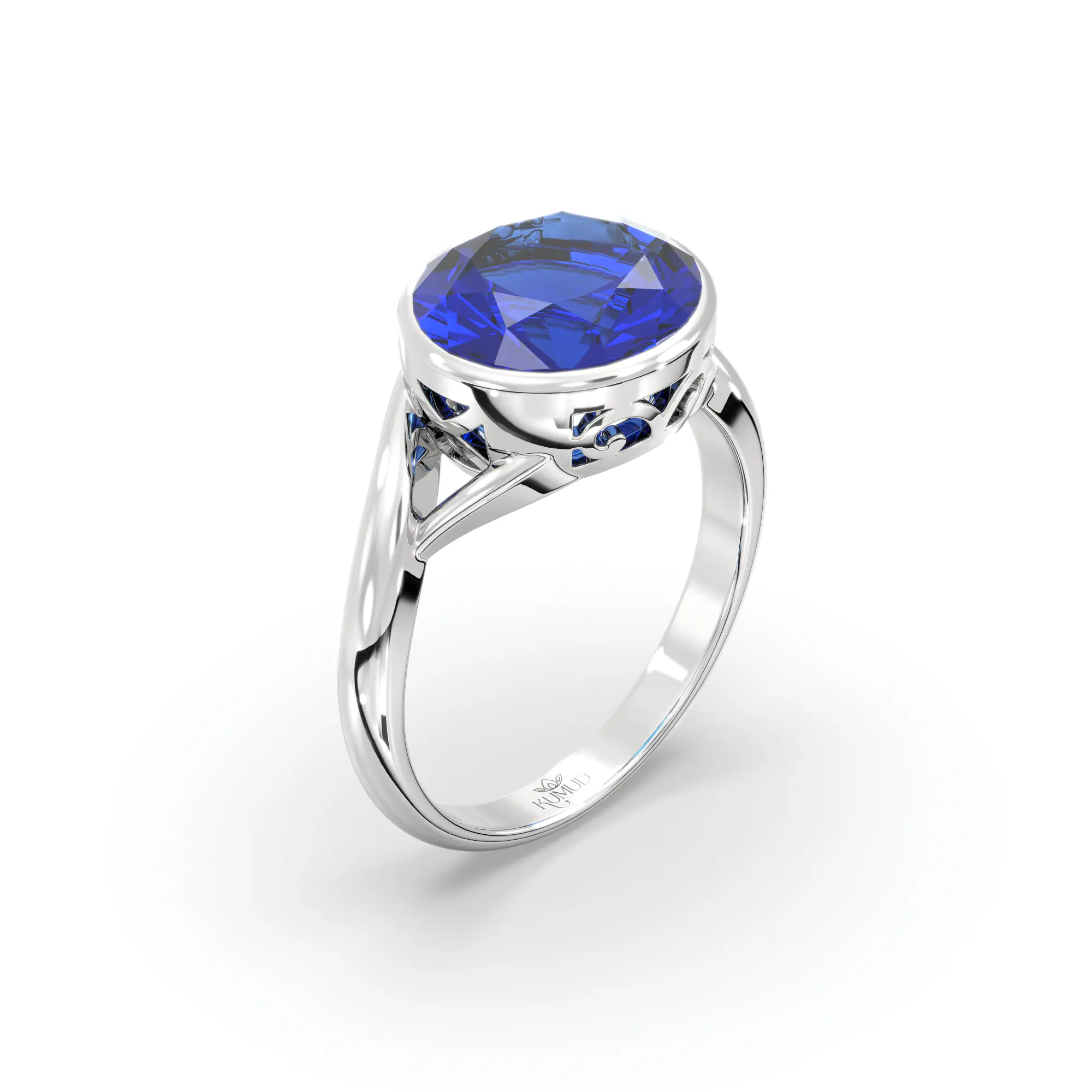 Blue Sapphire (Neelam) Ring for Women in 18K White Gold – Oval 9x8 mm, Prong Setting, 5 g (Design K16B-1) thumbnail