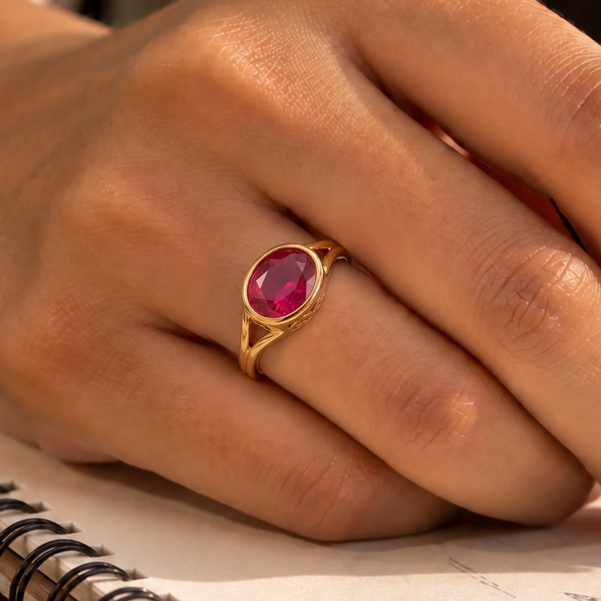 Ruby (Manik) Ring for Women in 22K Yellow Gold – Oval 9x8 mm, Prong Setting, 5 g (Design K16B-1) thumbnail