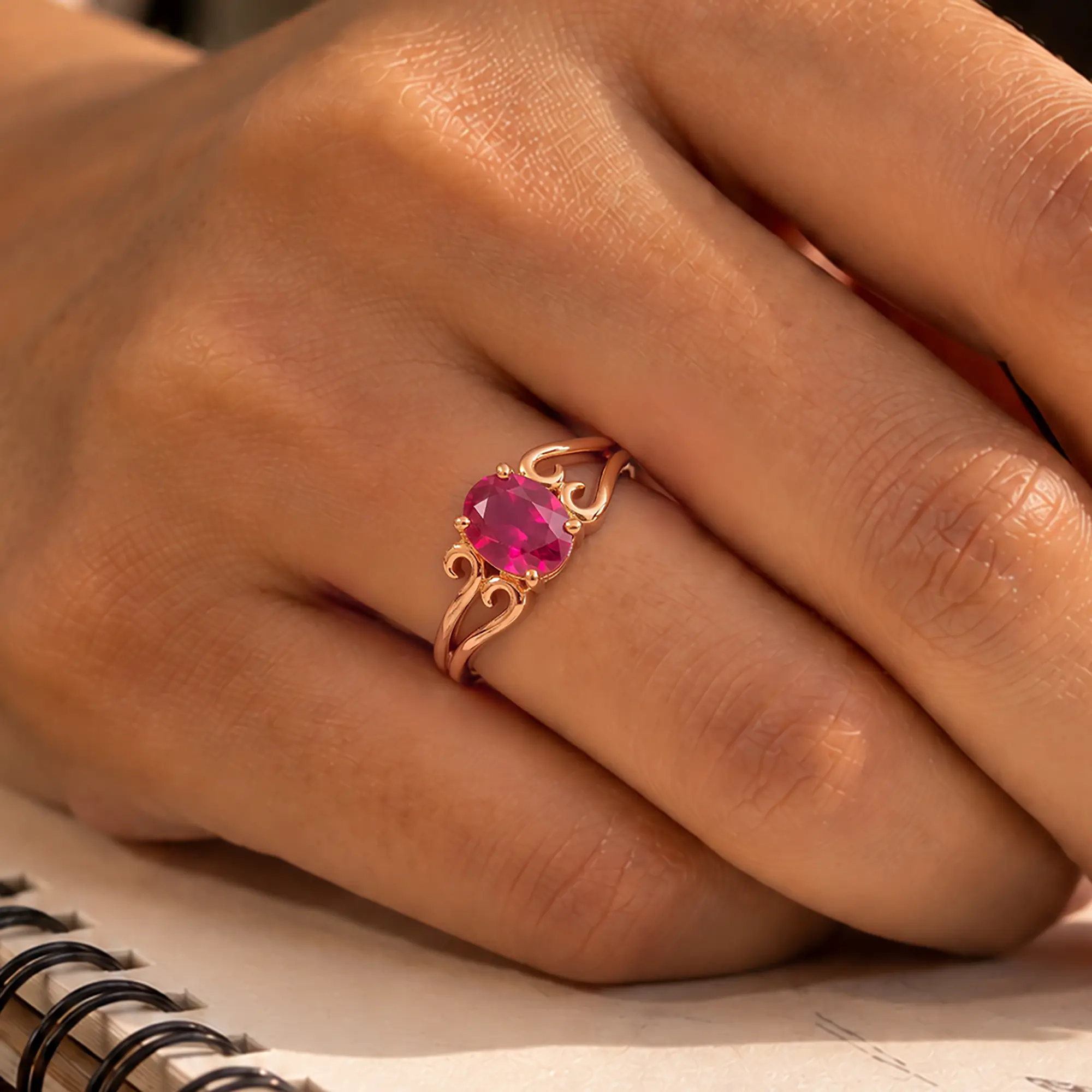 Ruby (Manik) Ring for Women in 18K Rose Gold – Oval 9x8 mm, Prong Setting, 5 g (Design K16B-2) thumbnail