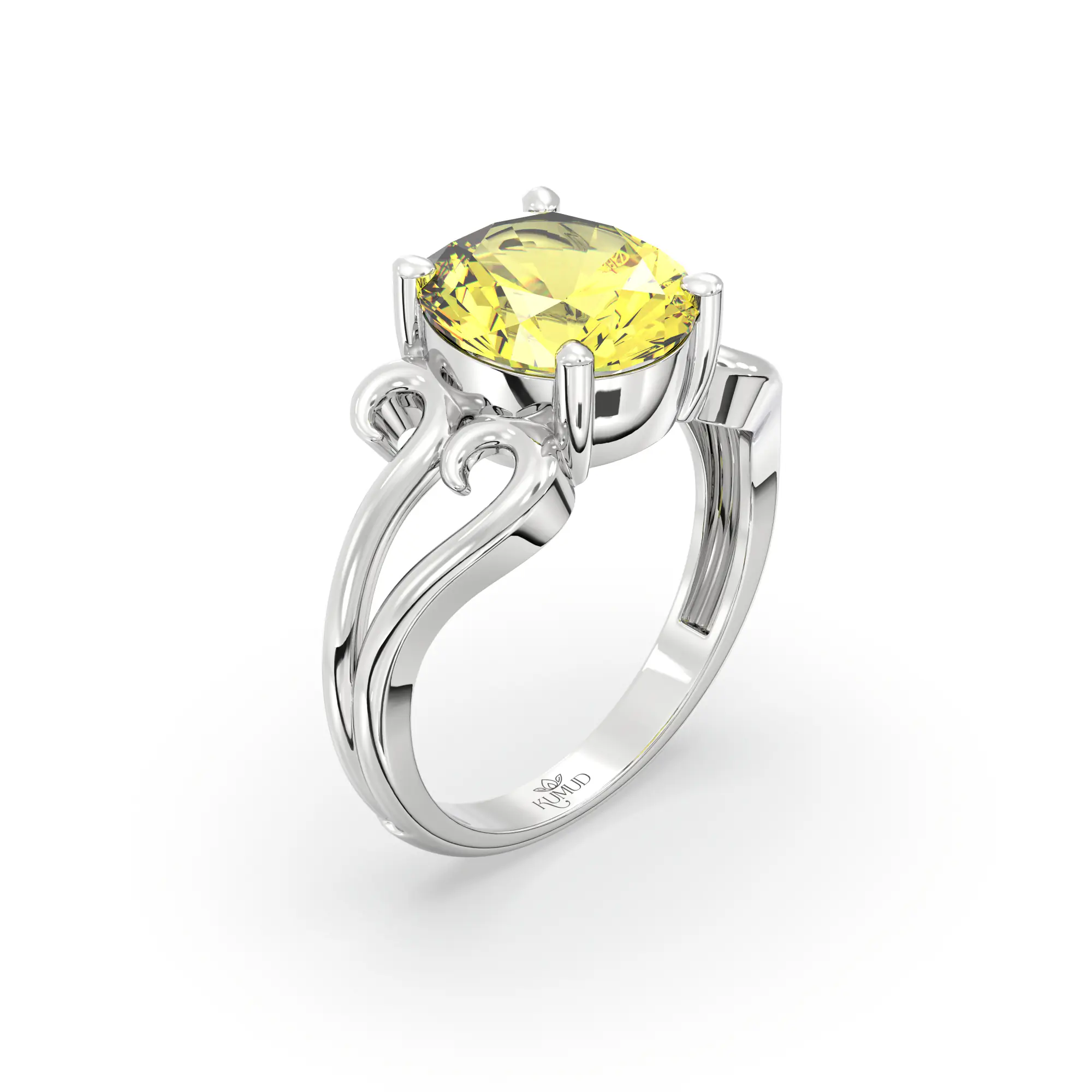 Yellow Sapphire (Pukhraj) Ring for Women in 18K White Gold – Oval 9x8 mm, Prong Setting, 5 g (Design K16B-2) thumbnail