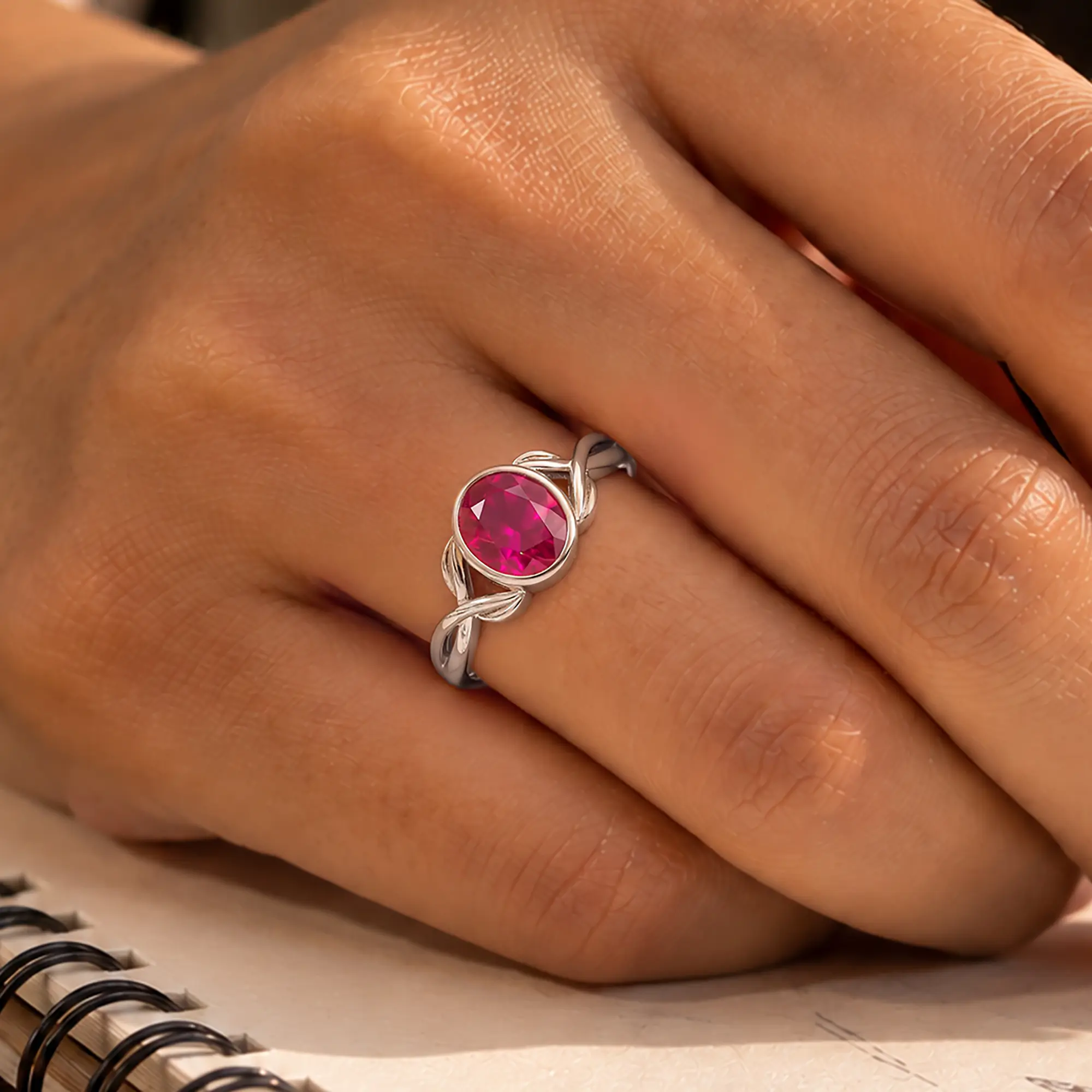 Ruby (Manik) Ring for Women in 18K White Gold – Oval 9x8 mm, Prong Setting, 5 g (Design K16B-3) thumbnail