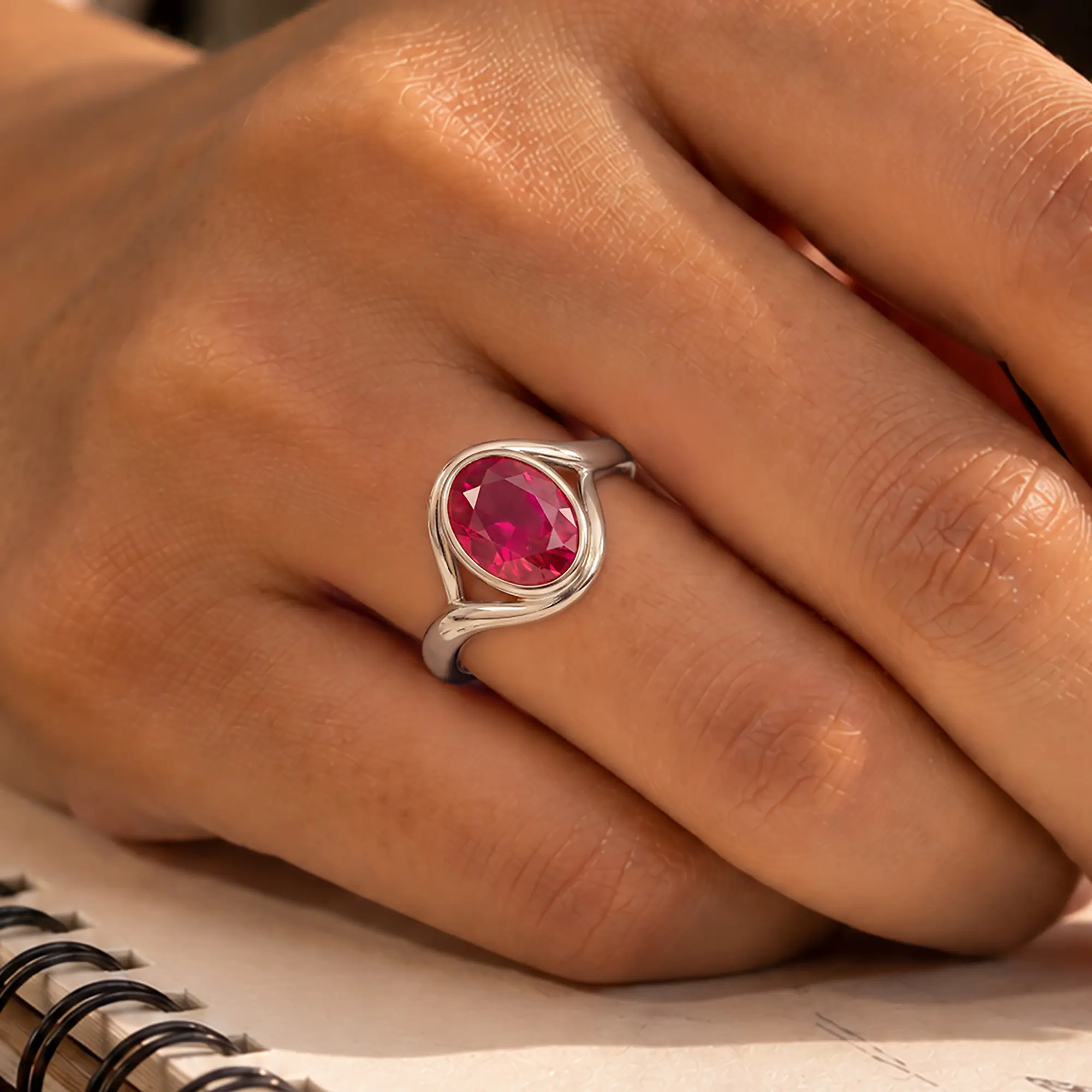 Ruby (Manik) Ring for Women in 18K White Gold – Oval 9x8 mm, Prong Setting, 5 g (Design K16B-4) thumbnail