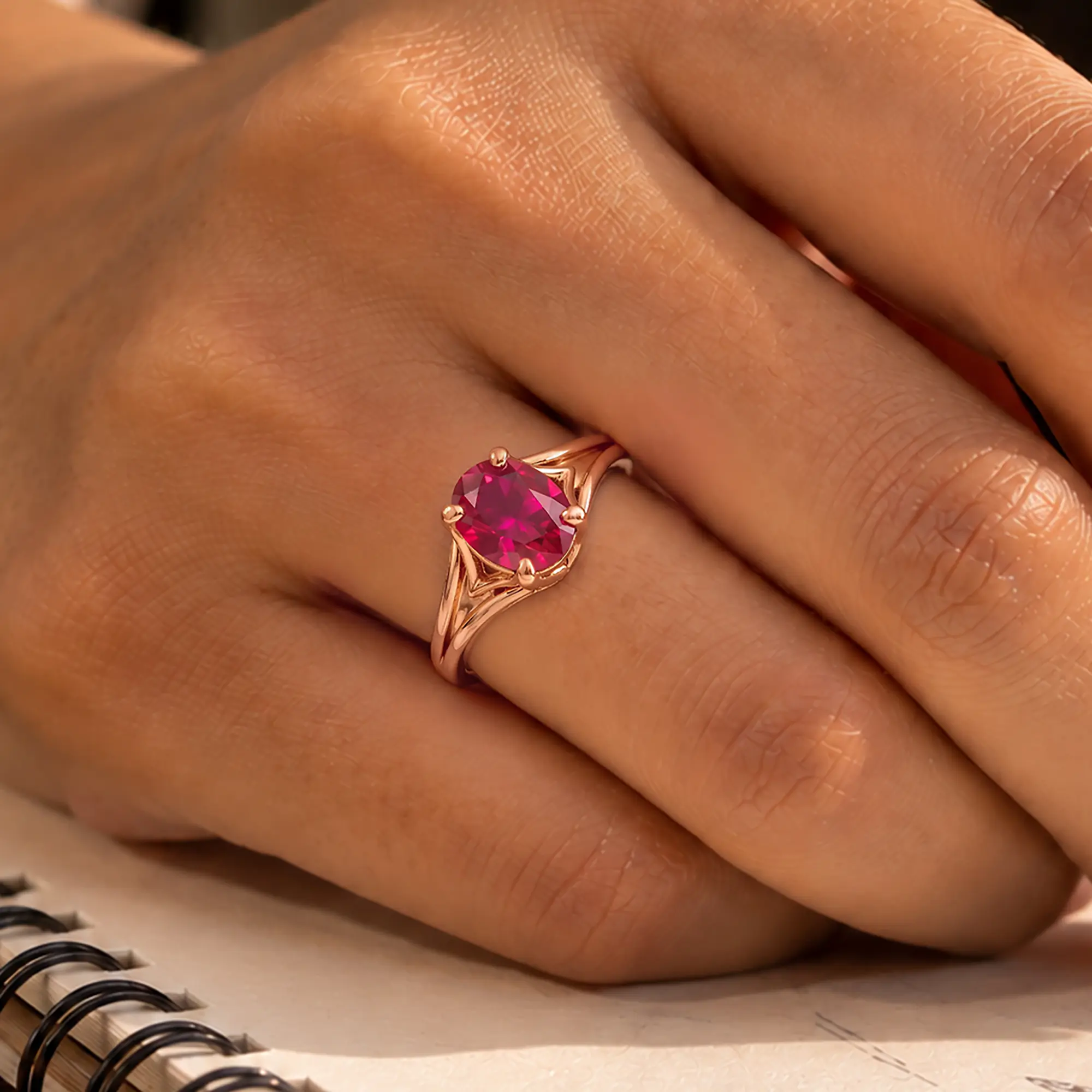 Ruby (Manik) Ring for Women in 18K Rose Gold – Oval 9x8 mm, Prong Setting, 5 g (Design K16B-5) thumbnail