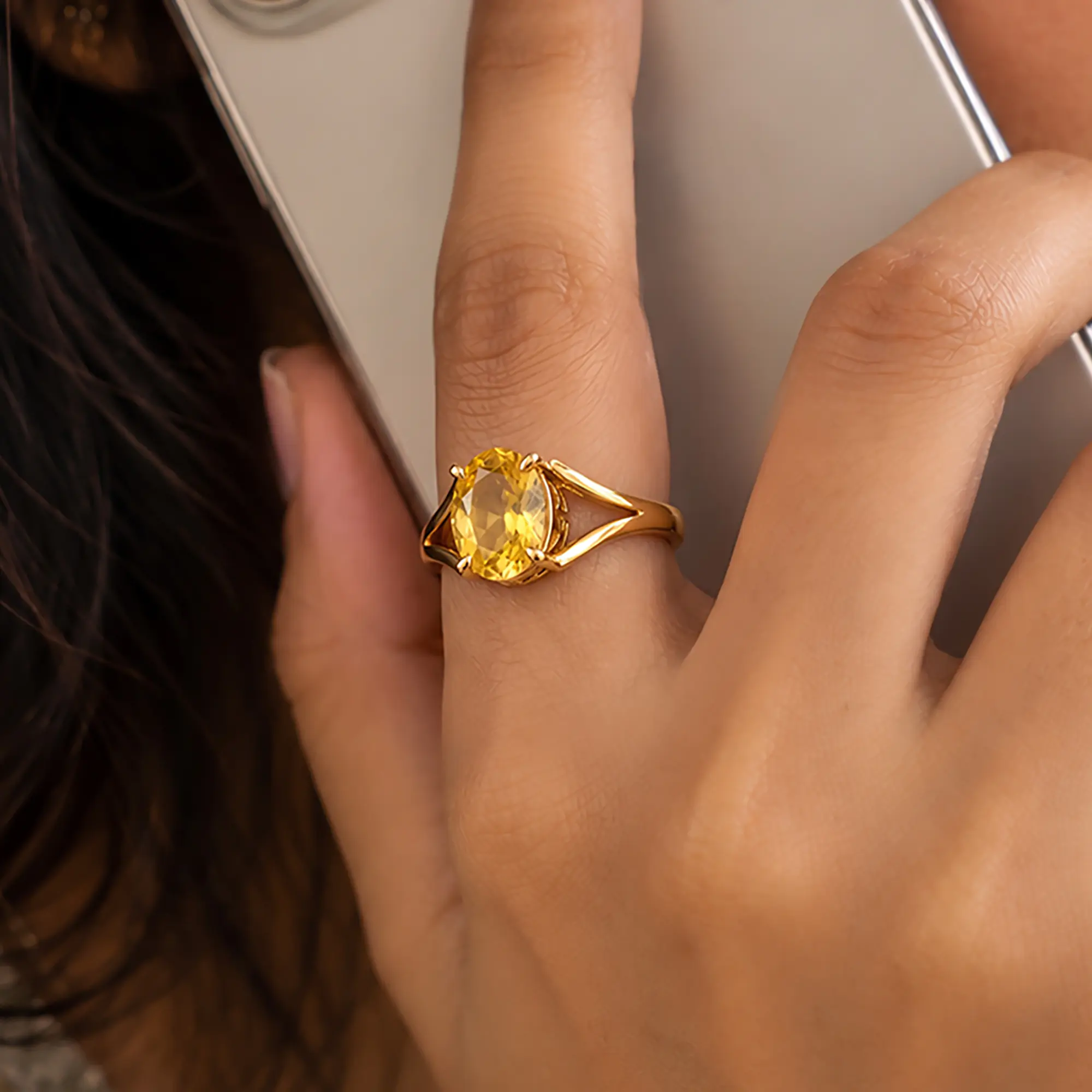 Yellow Sapphire (Pukhraj) Ring for Women in 22K Yellow Gold – Oval 9x8 mm, Prong Setting, 5 g (Design K16B-6) thumbnail