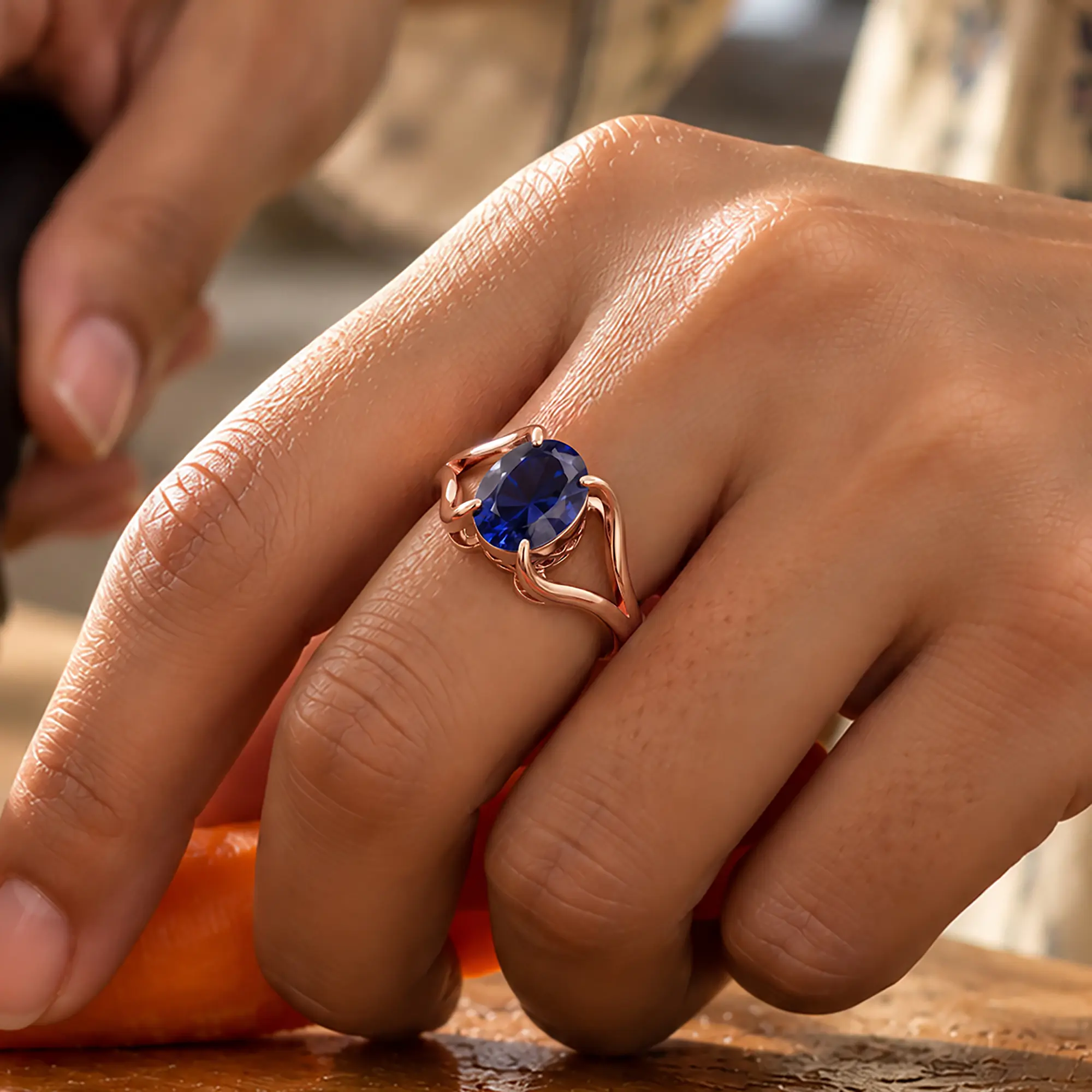Blue Sapphire (Neelam) Ring for Women in 18K Rose Gold – Oval 9x8 mm, Prong Setting, 6 g (Design K16B-7) thumbnail