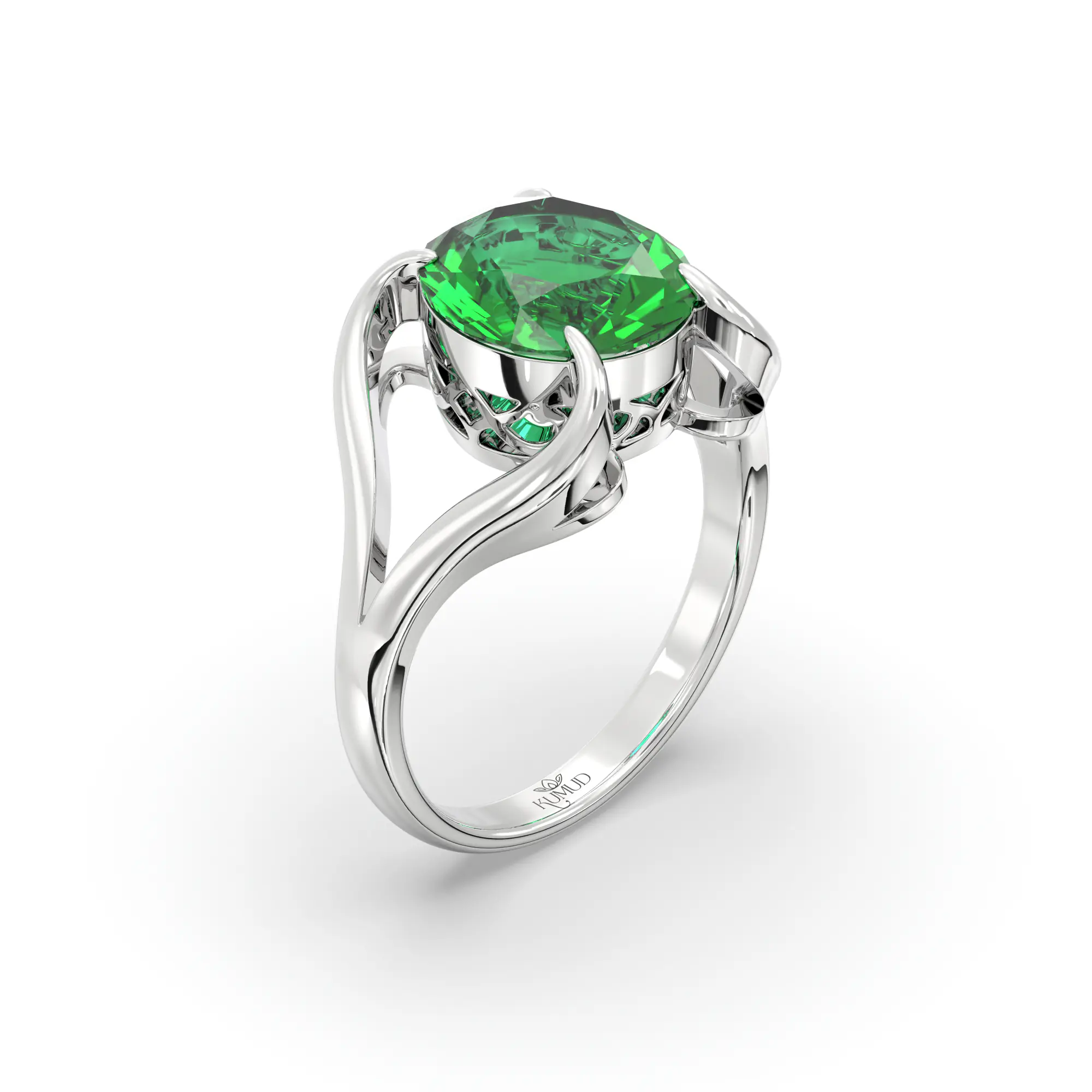 Emerald (Panna) Ring for Women in 18K White Gold – Oval 9x8 mm, Prong Setting, 6 g (Design K16B-7) thumbnail