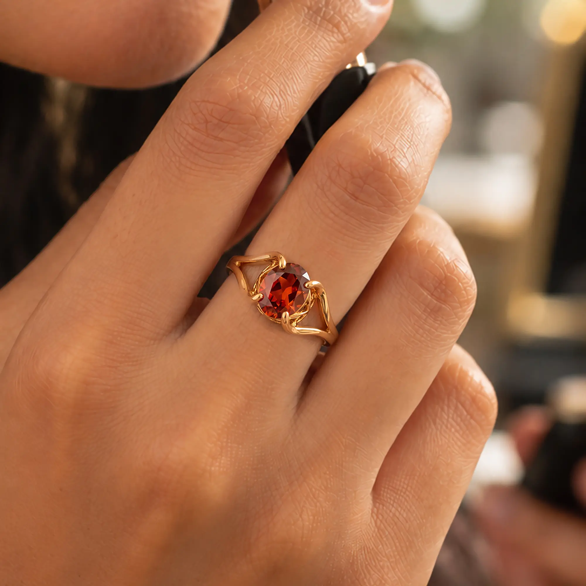 Hessonite (Gomed) Ring for Women in 22K Yellow Gold – Oval 9x8 mm, Prong Setting, 6 g (Design K16B-7) thumbnail