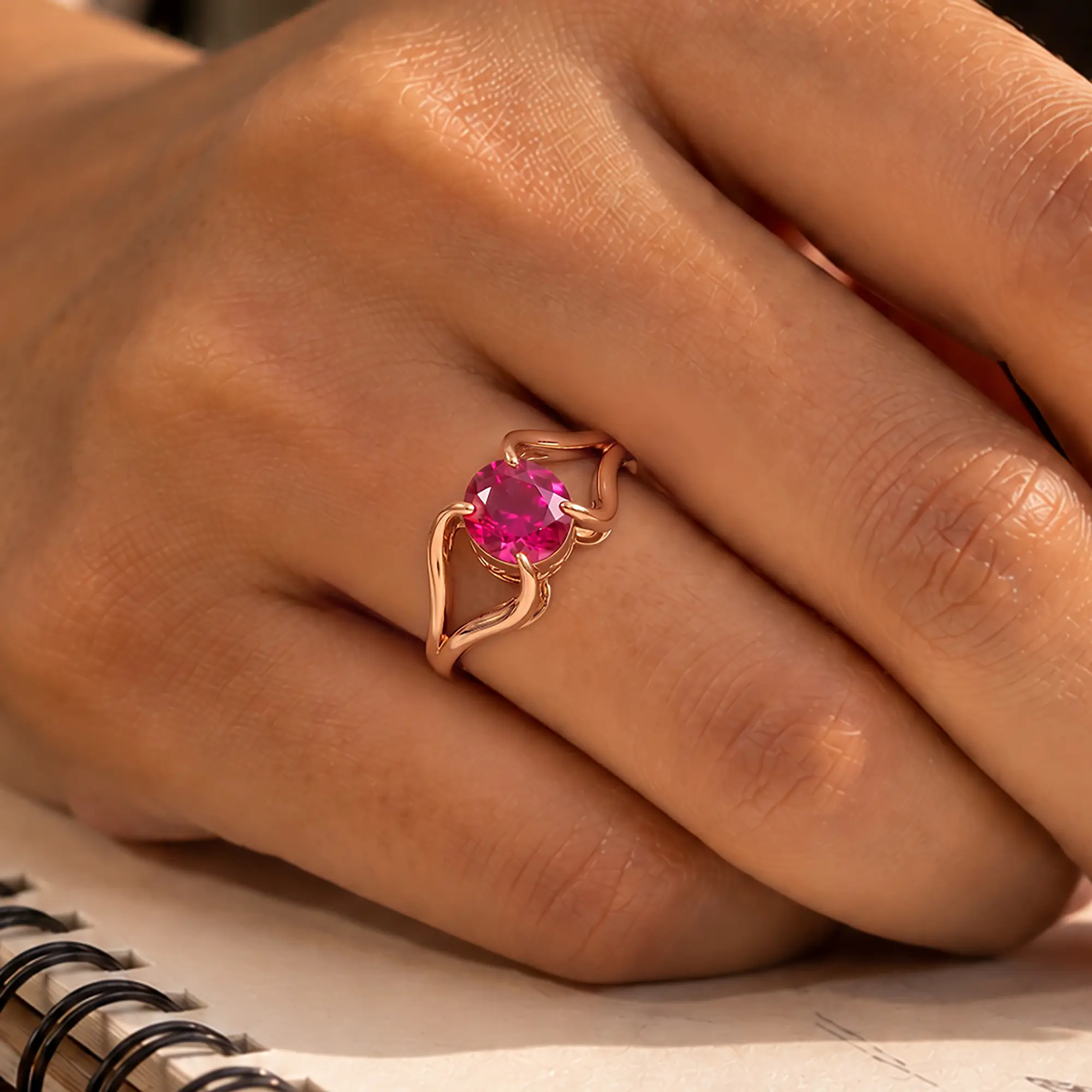 Ruby (Manik) Ring for Women in 18K Rose Gold – Oval 9x8 mm, Prong Setting, 6 g (Design K16B-7) thumbnail