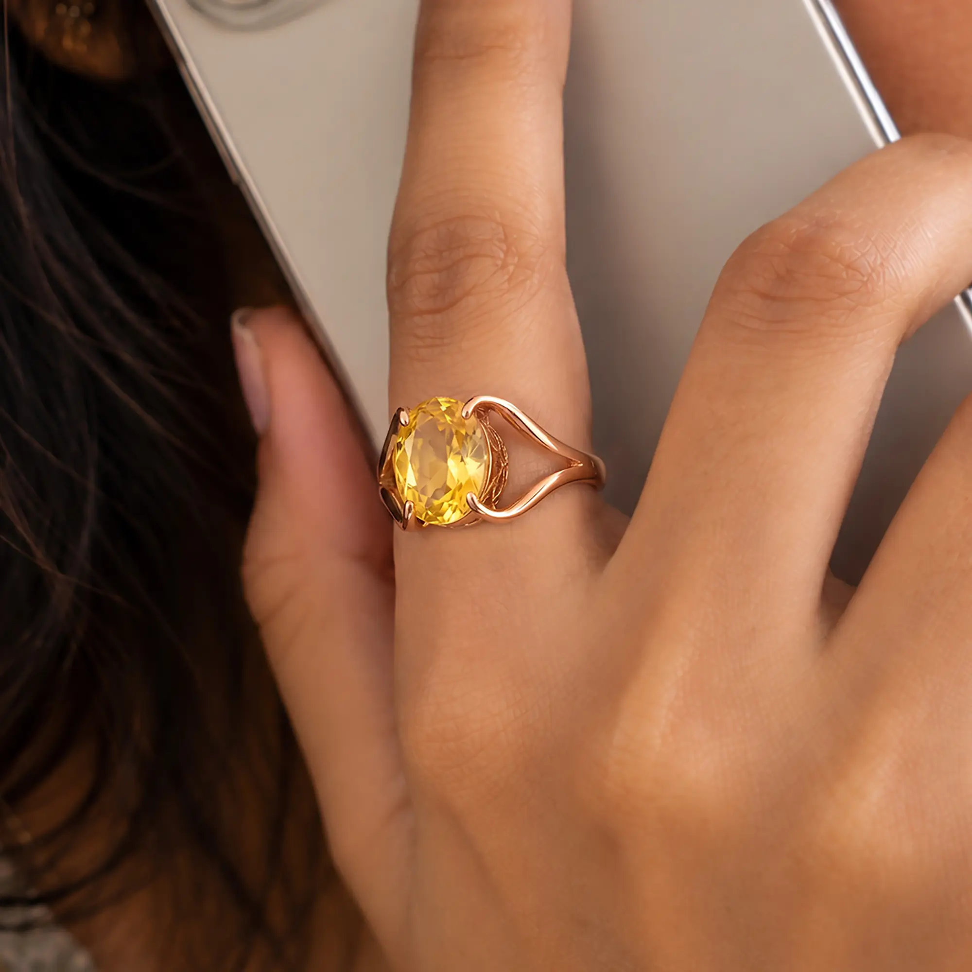 Yellow Sapphire (Pukhraj) Ring for Women in 18K Rose Gold – Oval 9x8 mm, Prong Setting, 6 g (Design K16B-7) thumbnail