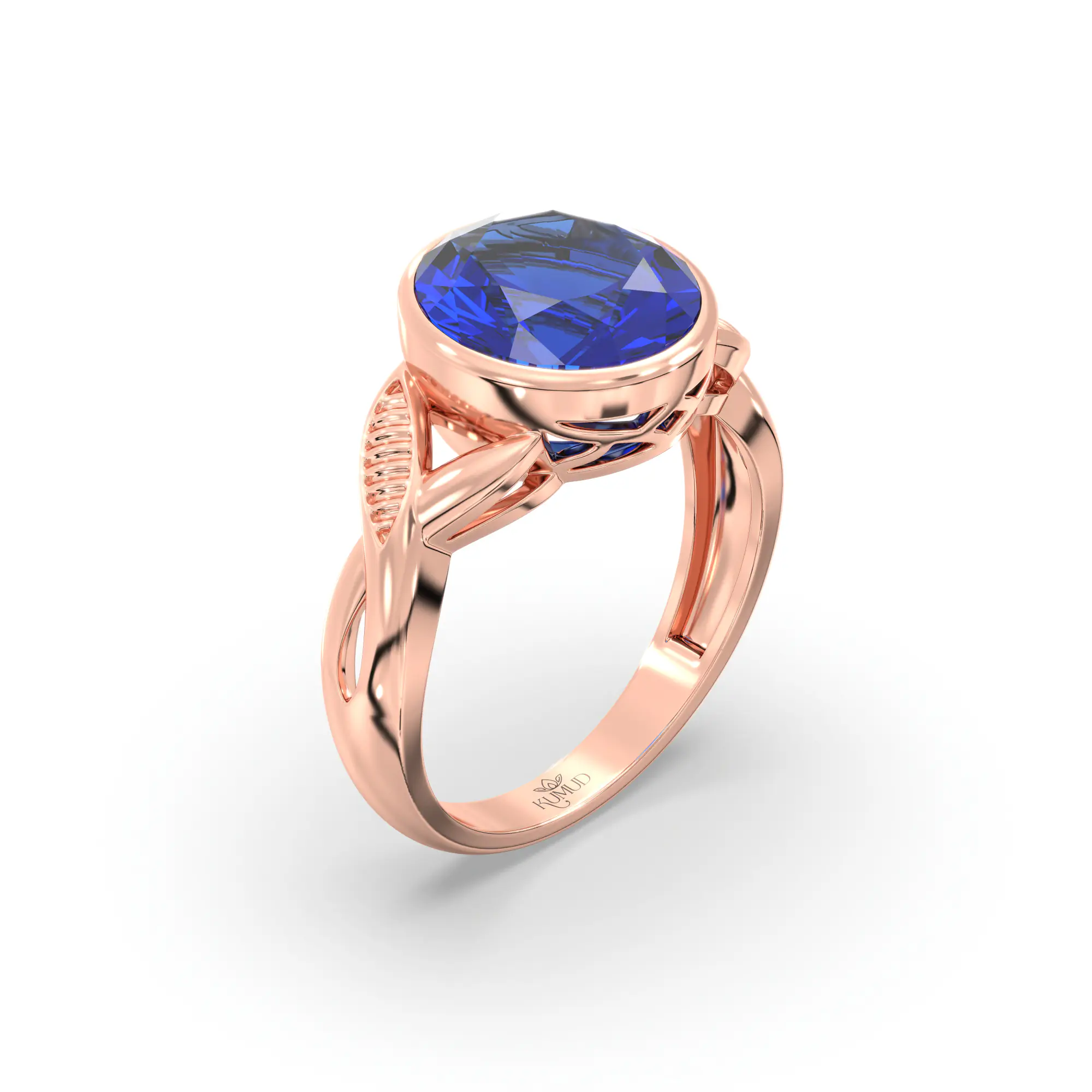 Blue Sapphire (Neelam) Ring for Women in 18K Rose Gold – Oval 9x8 mm, Prong Setting, 5 g (Design K16B-9) thumbnail