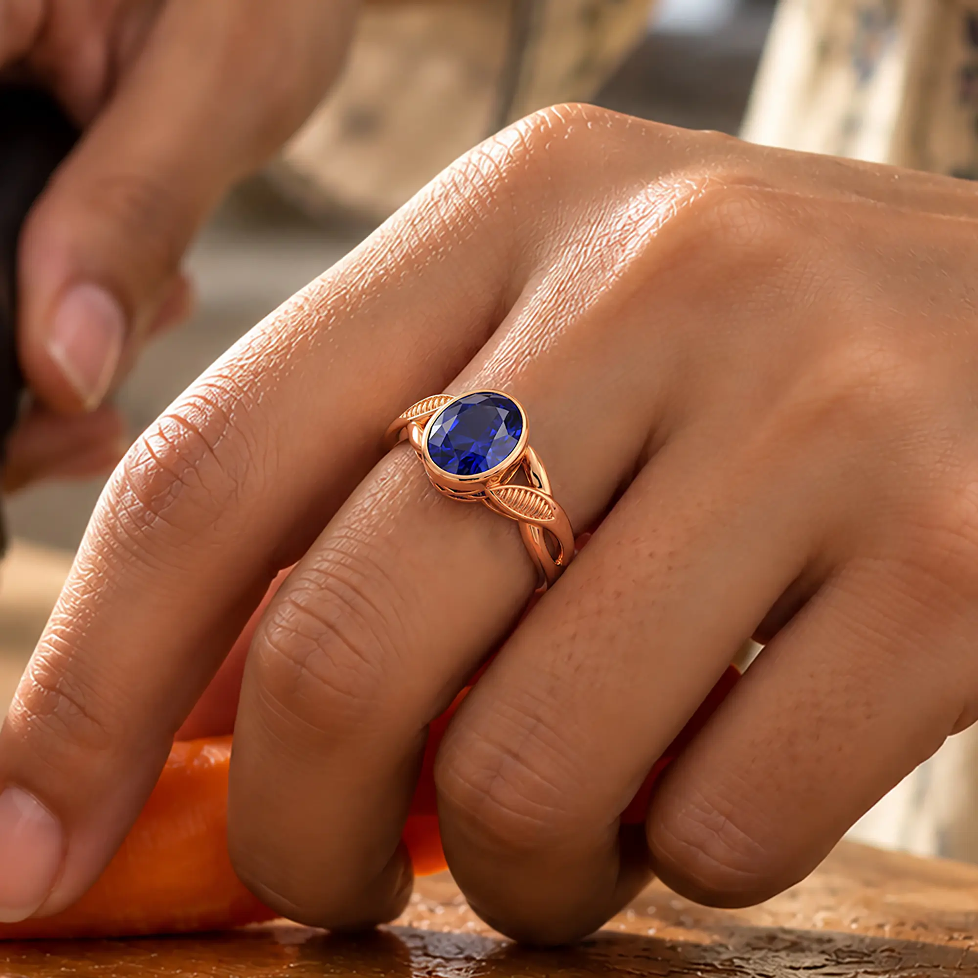Blue Sapphire (Neelam) Ring for Women in 18K Rose Gold – Oval 9x8 mm, Prong Setting, 5 g (Design K16B-9) thumbnail