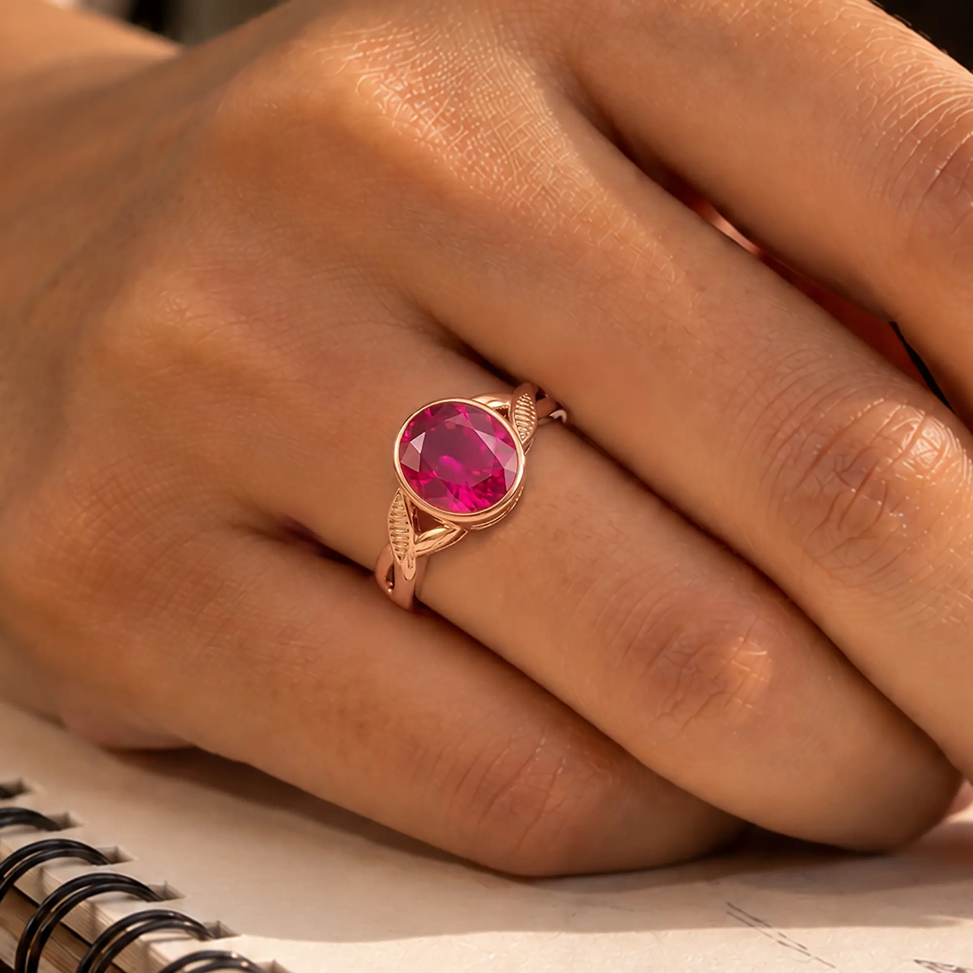 Ruby (Manik) Ring for Women in 18K Rose Gold – Oval 9x8 mm, Prong Setting, 5 g (Design K16B-9) thumbnail