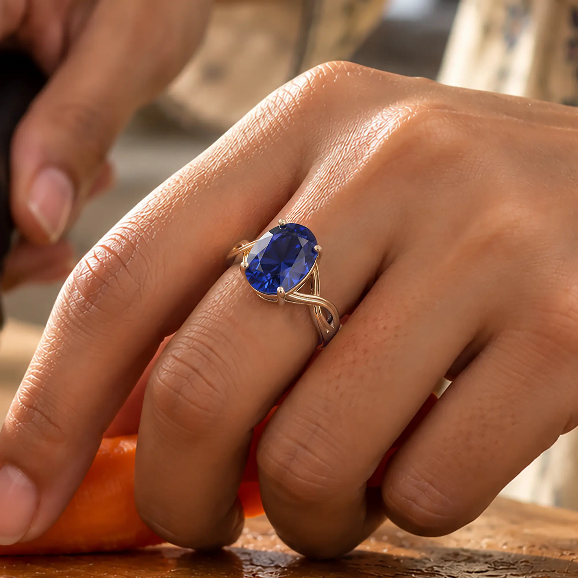 Blue Sapphire (Neelam) Ring for Women in 18K White Gold – Oval 13x8 mm, Prong Setting, 6 g (Design K16B-10) thumbnail