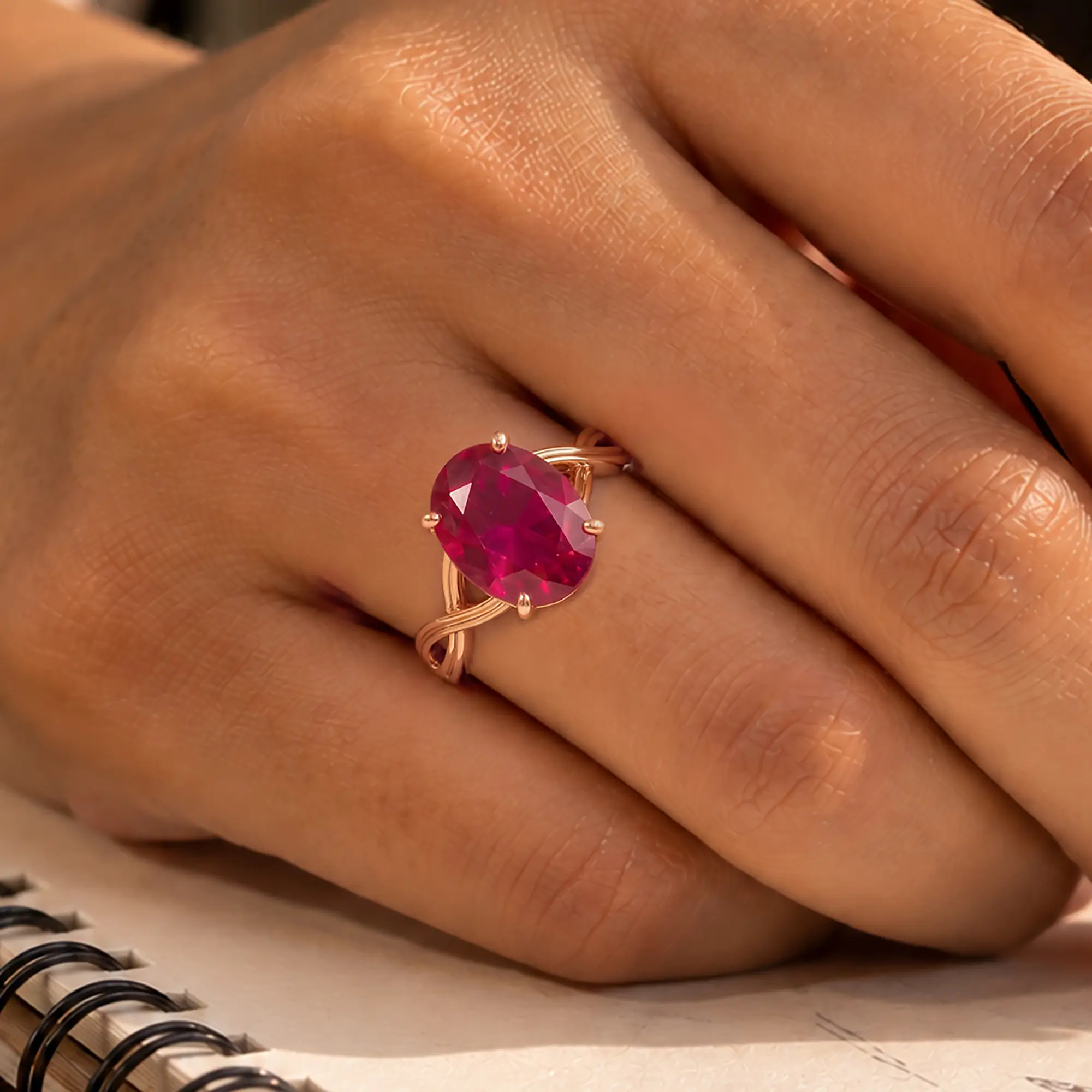 Ruby (Manik) Ring for Women in 18K Rose Gold – Oval 13x8 mm, Prong Setting, 6 g (Design K16B-10) thumbnail