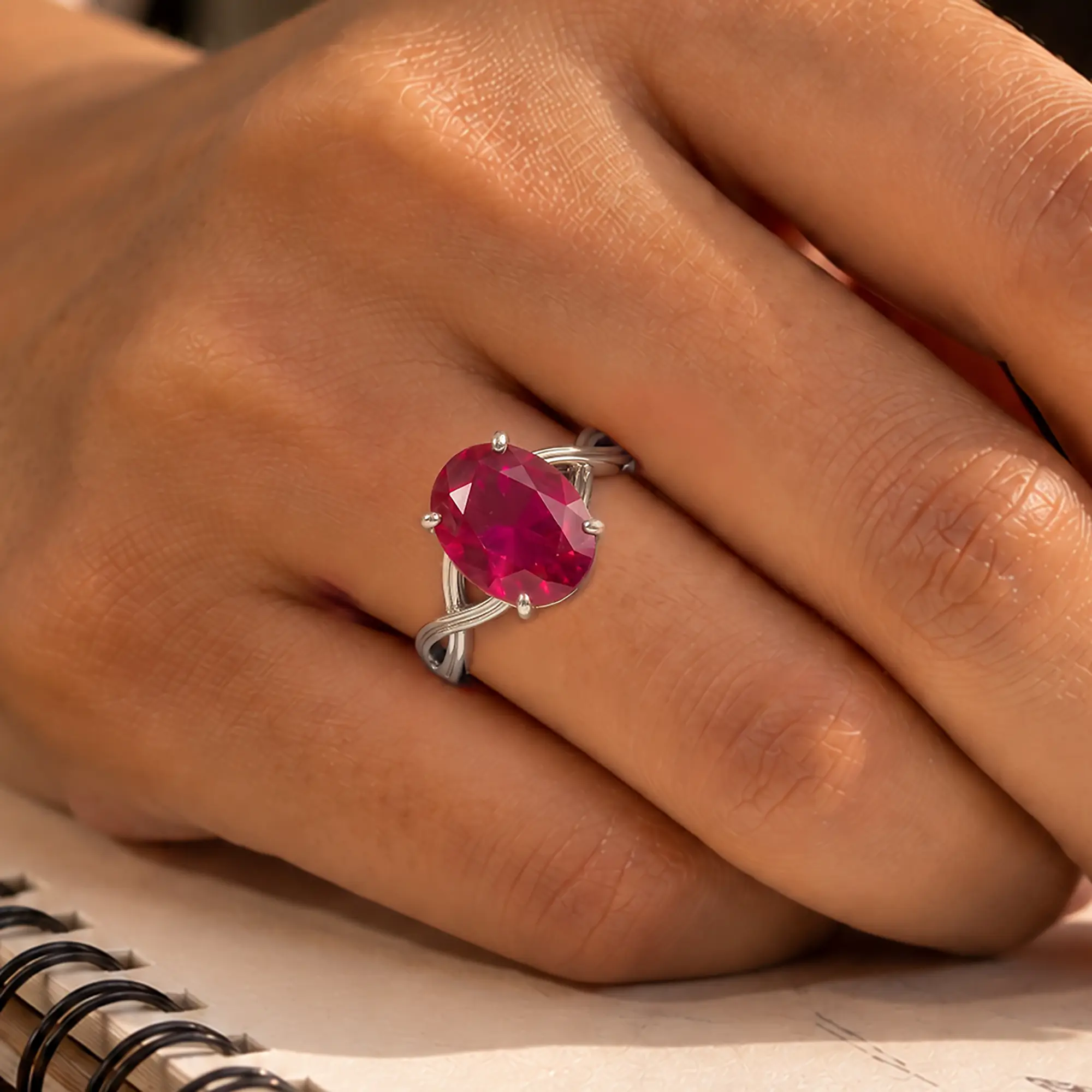 Ruby (Manik) Ring for Women in 18K White Gold – Oval 13x8 mm, Prong Setting, 6 g (Design K16B-10) thumbnail