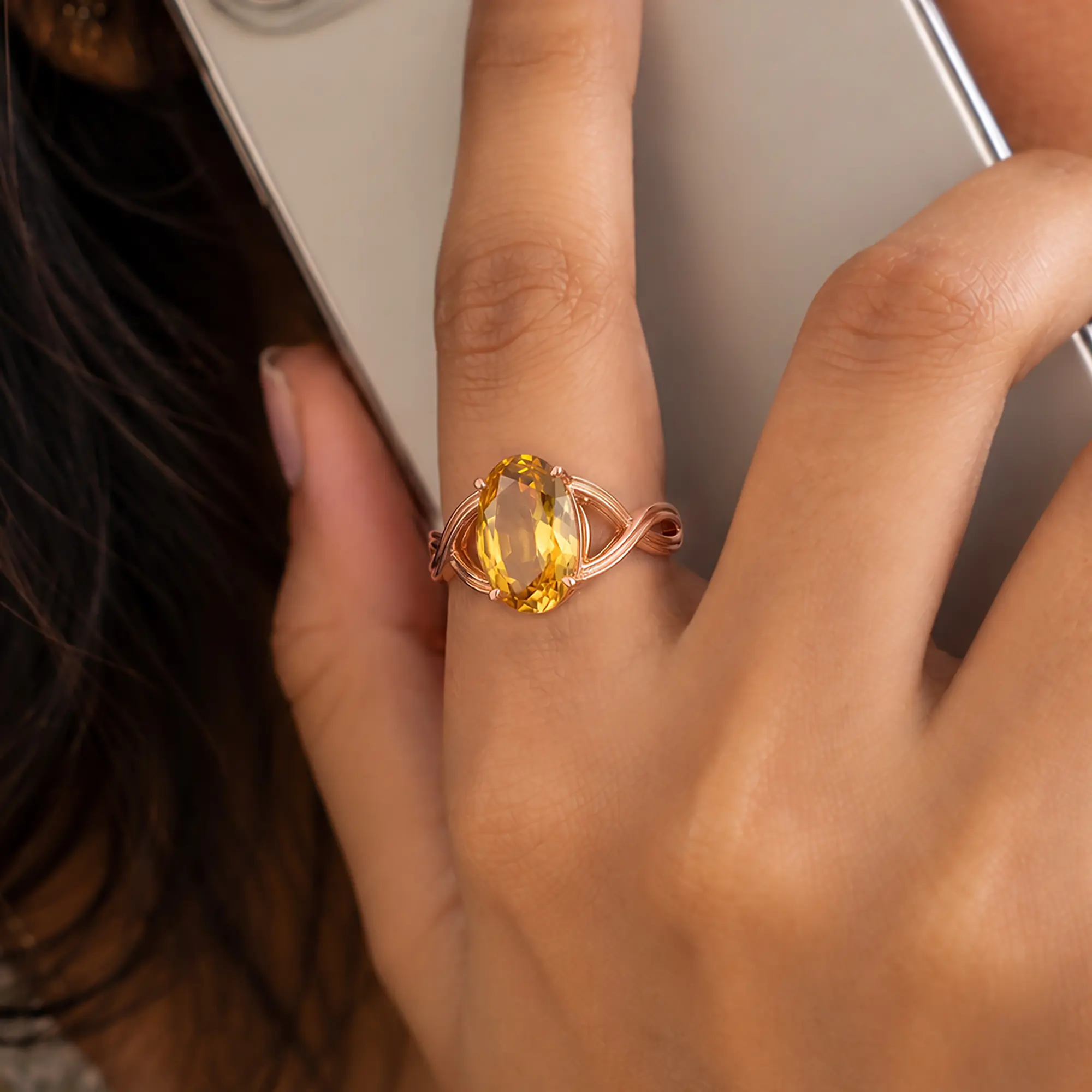 Yellow Sapphire (Pukhraj) Ring for Women in 18K Rose Gold – Oval 13x8 mm, Prong Setting, 6 g (Design K16B-10) thumbnail