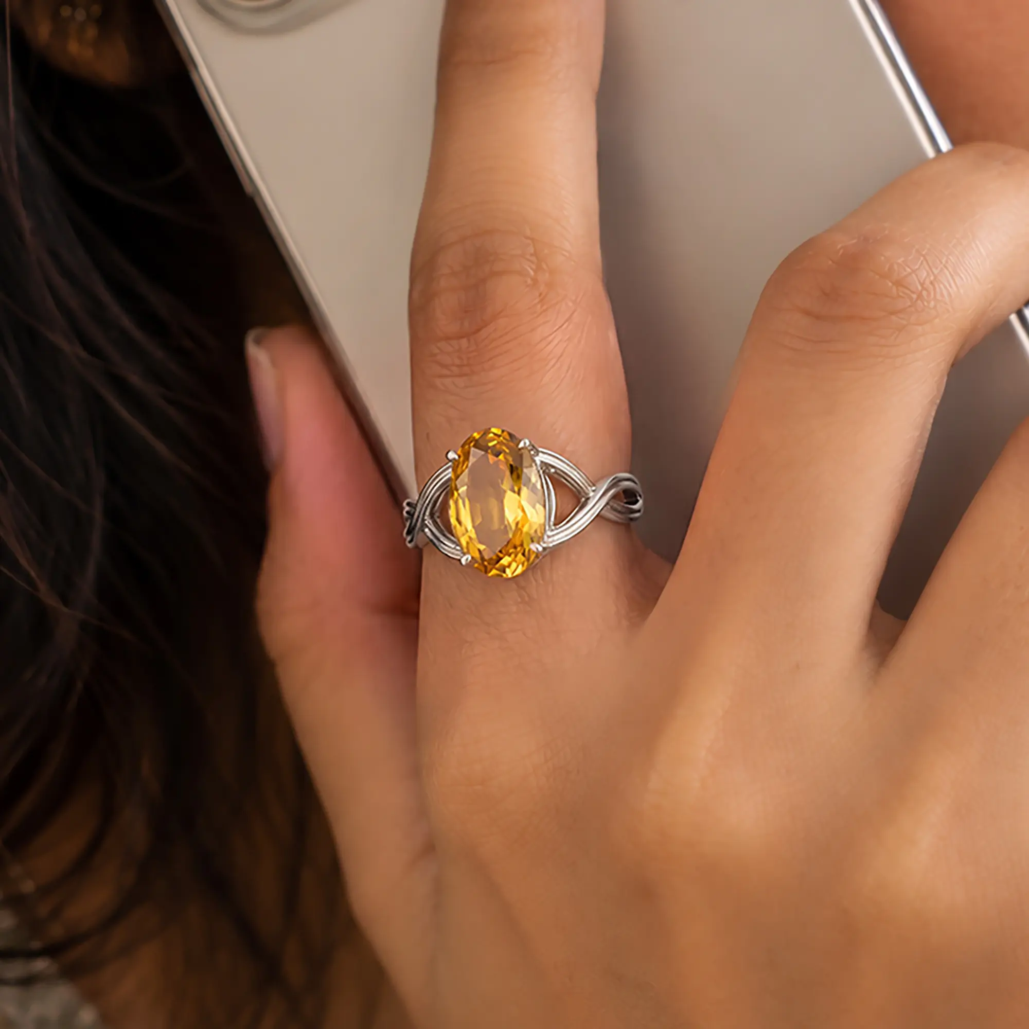 Yellow Sapphire (Pukhraj) Ring for Women in 18K White Gold – Oval 13x8 mm, Prong Setting, 6 g (Design K16B-10) thumbnail