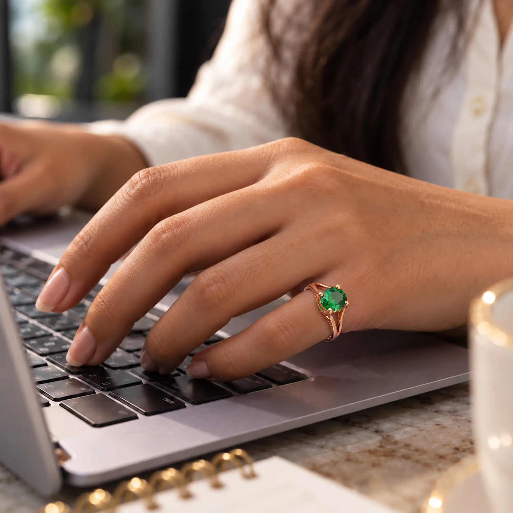Emerald (Panna) Ring for Women in 18K Rose Gold – Oval 9x8 mm, Prong Setting, 5 g (Design K16B-11) thumbnail