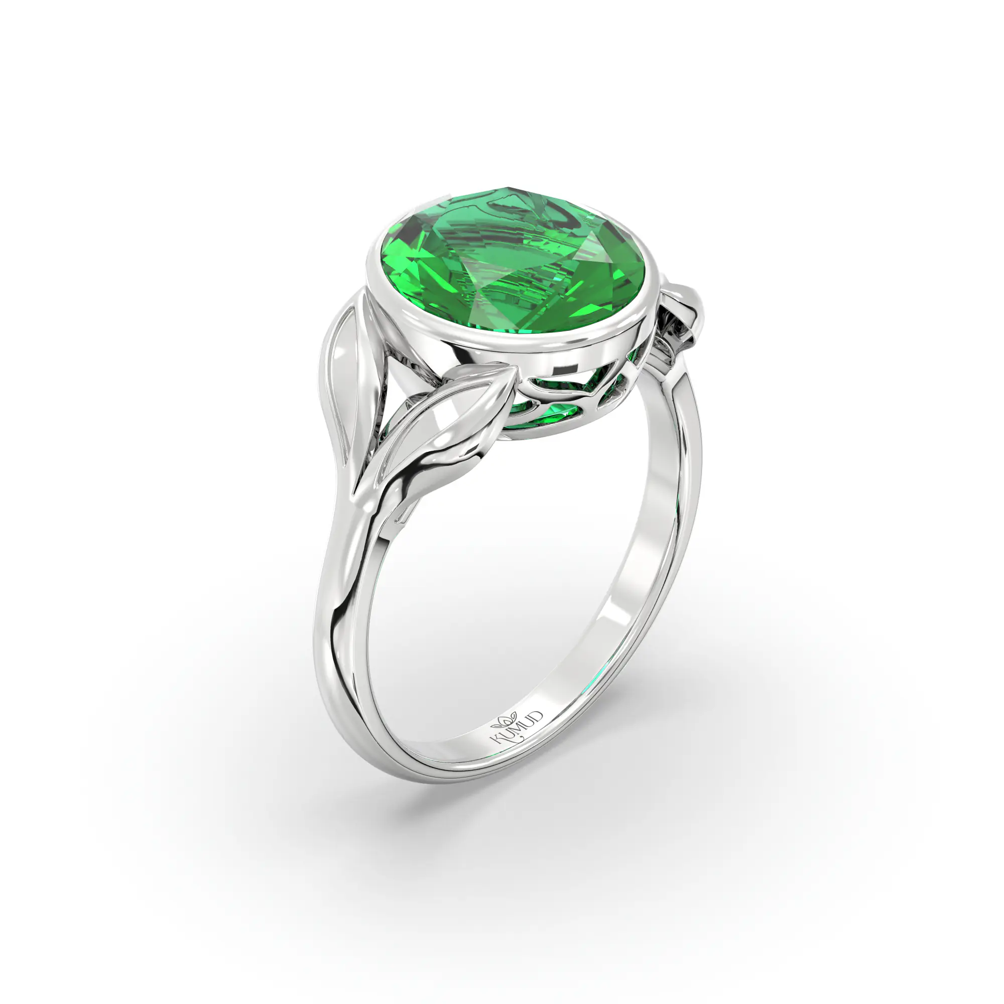 Emerald (Panna) Ring for Women in 18K White Gold – Oval 9x8 mm, Prong Setting, 5 g (Design K16B-12) thumbnail