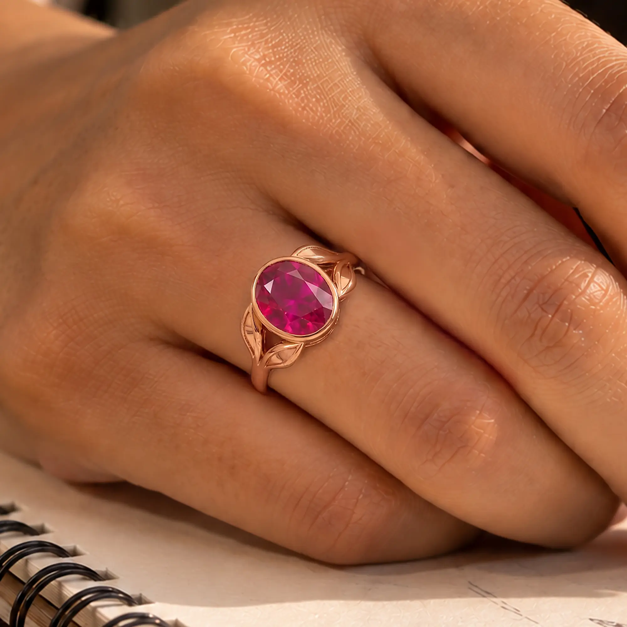 Ruby (Manik) Ring for Women in 18K Rose Gold – Oval 9x8 mm, Prong Setting, 5 g (Design K16B-12) thumbnail