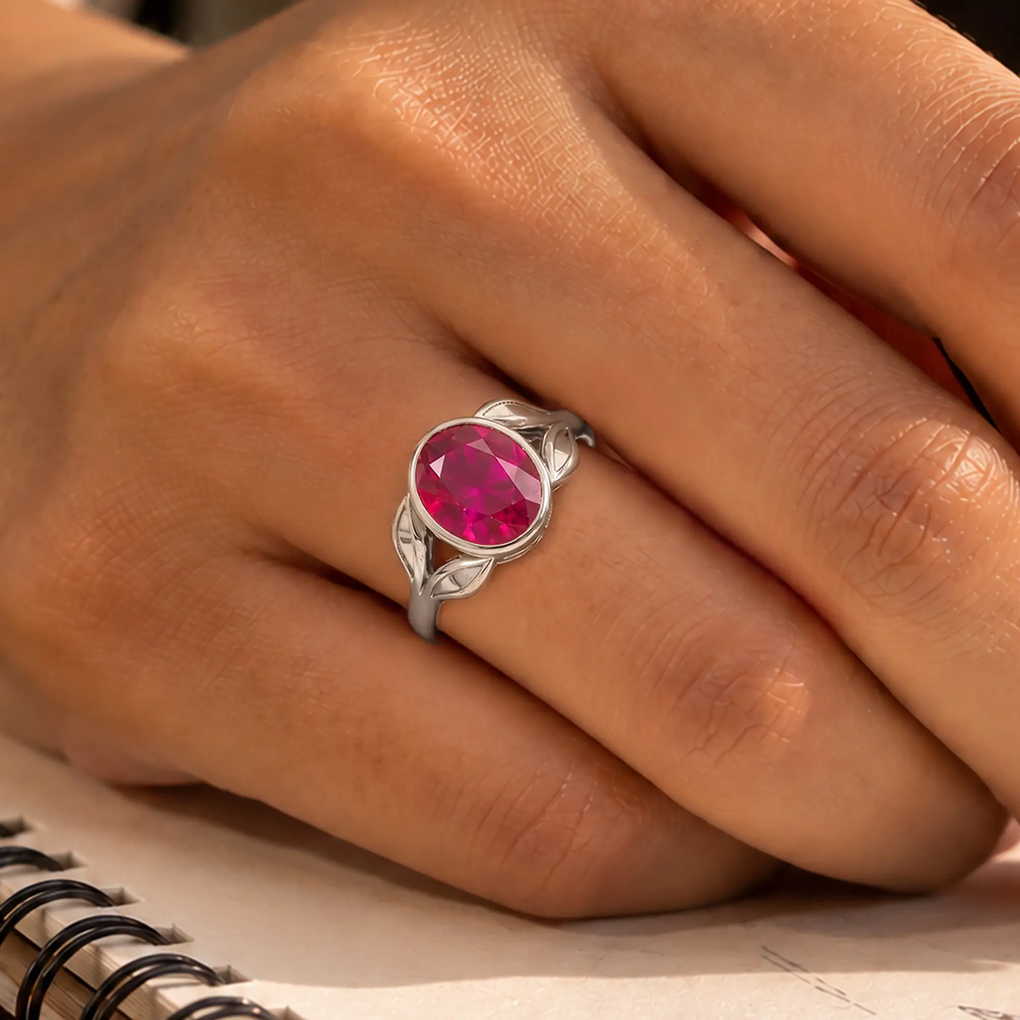 Ruby (Manik) Ring for Women in 18K White Gold – Oval 9x8 mm, Prong Setting, 5 g (Design K16B-12) thumbnail