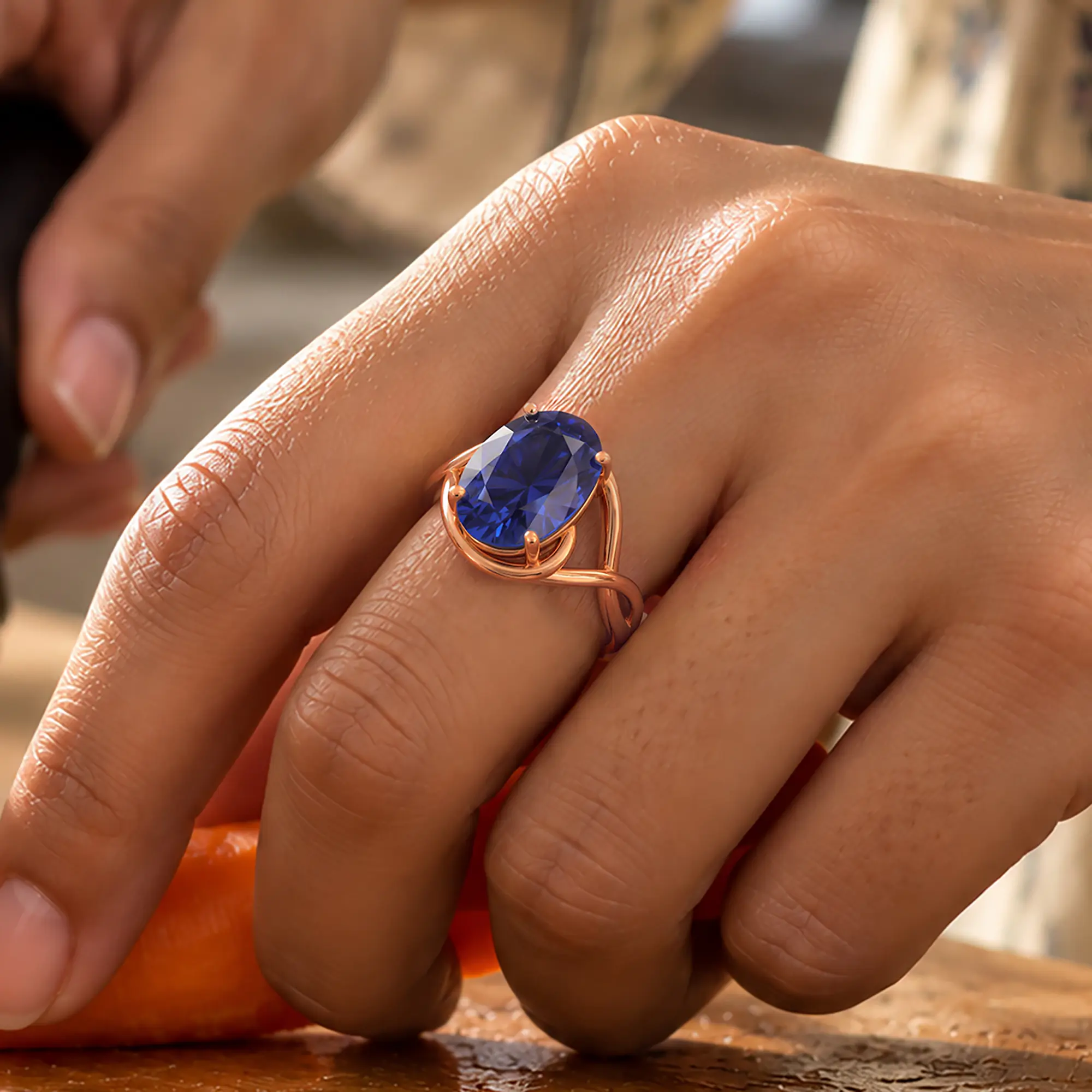 Blue Sapphire (Neelam) Ring for Women in 18K Rose Gold – Oval 13x8 mm, Prong Setting, 8 g thumbnail