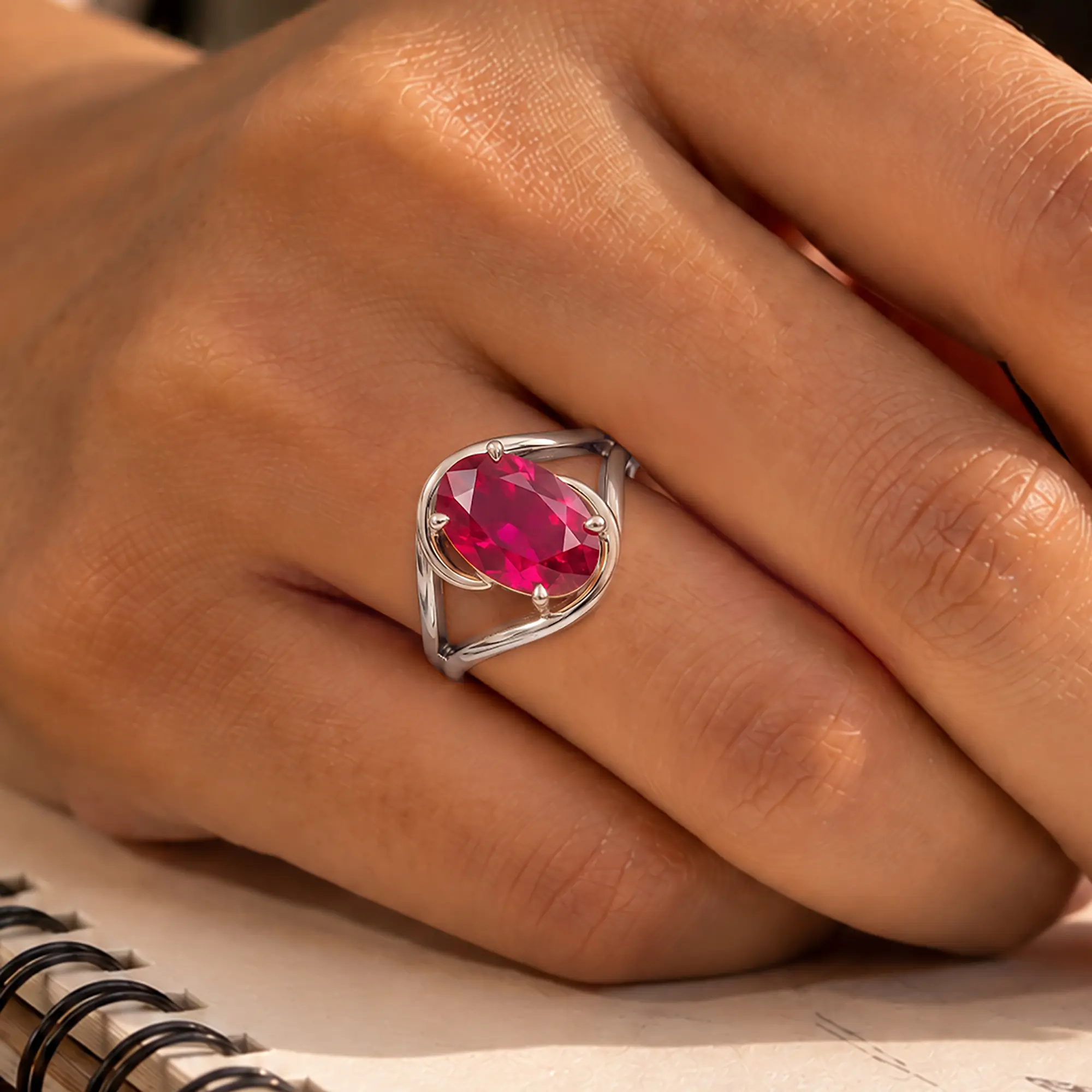 Ruby (Manik) Ring for Women in 18K White Gold – Oval 13x8 mm, Prong Setting, 8 g thumbnail