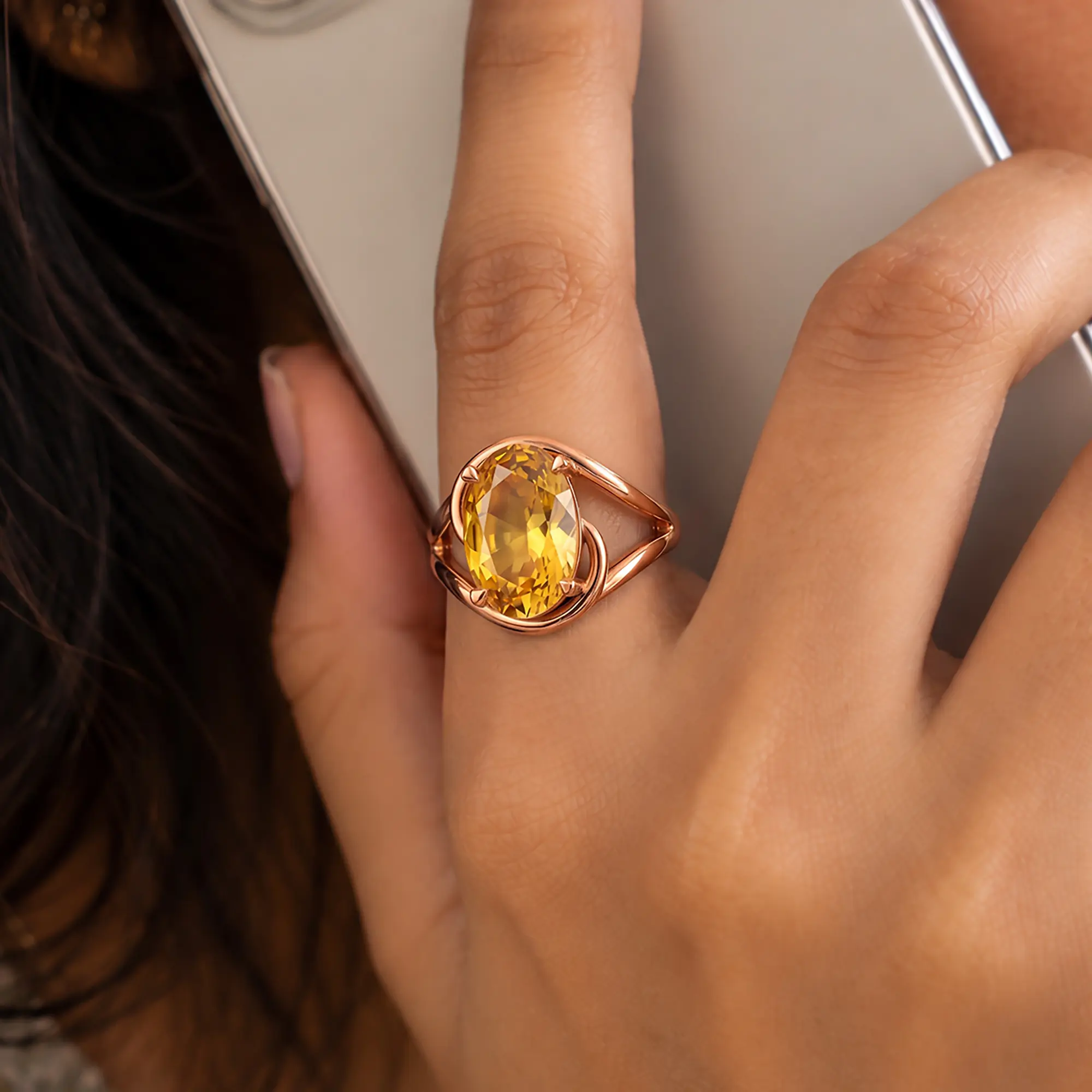 Yellow Sapphire (Pukhraj) Ring for Women in 18K Rose Gold – Oval 13x8 mm, Prong Setting, 8 g thumbnail