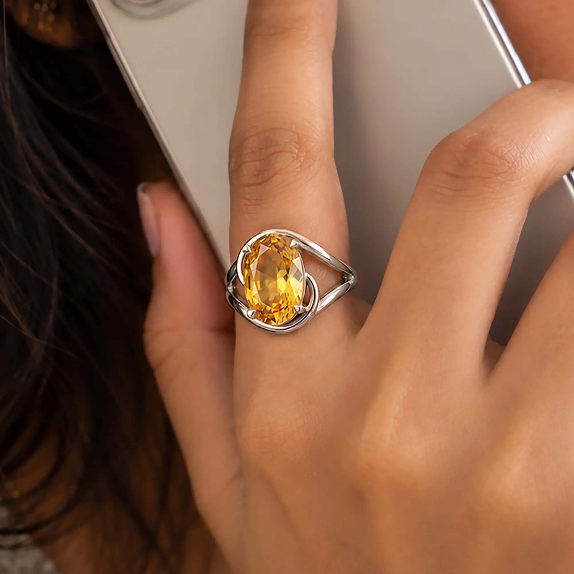 Yellow Sapphire (Pukhraj) Ring for Women in 18K White Gold – Oval 13x8 mm, Prong Setting, 8 g thumbnail