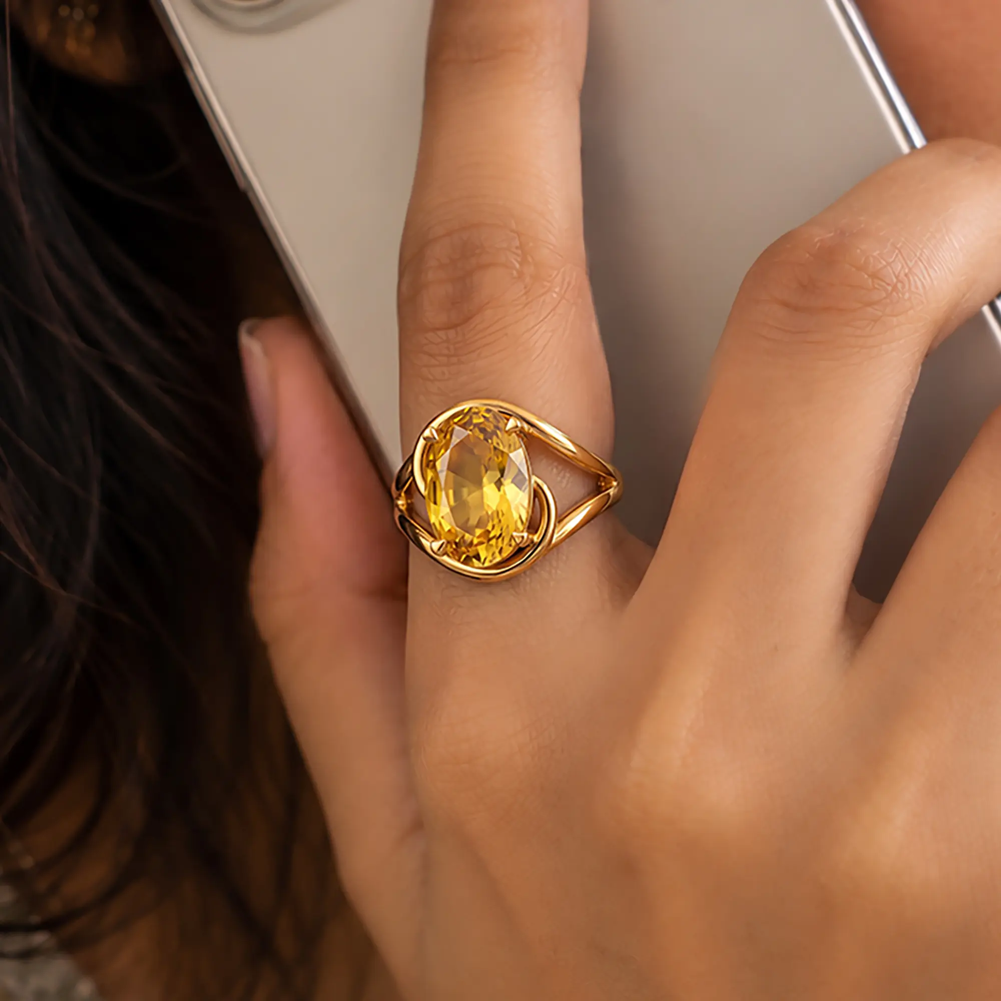 Yellow Sapphire (Pukhraj) Ring for Women in 22K Yellow Gold – Oval 13x8 mm, Prong Setting, 8 g thumbnail
