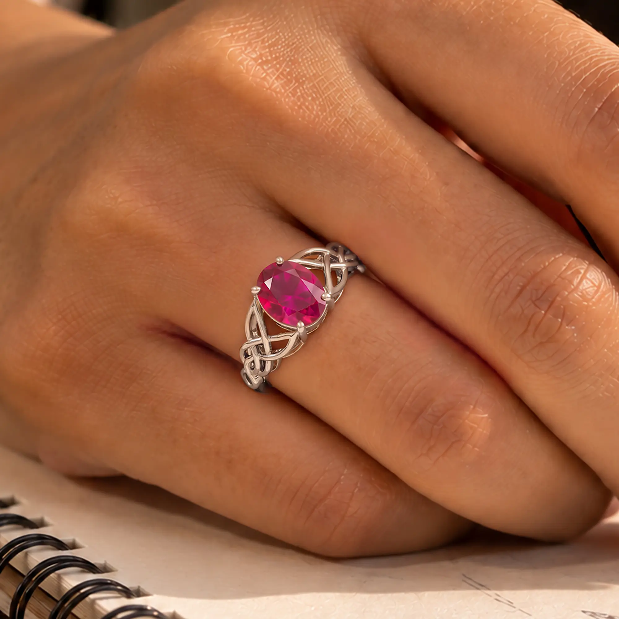 Ruby (Manik) Ring for Women in 18K White Gold – Oval 9x8 mm, Prong Setting, 5 g (Design K16B-14) thumbnail