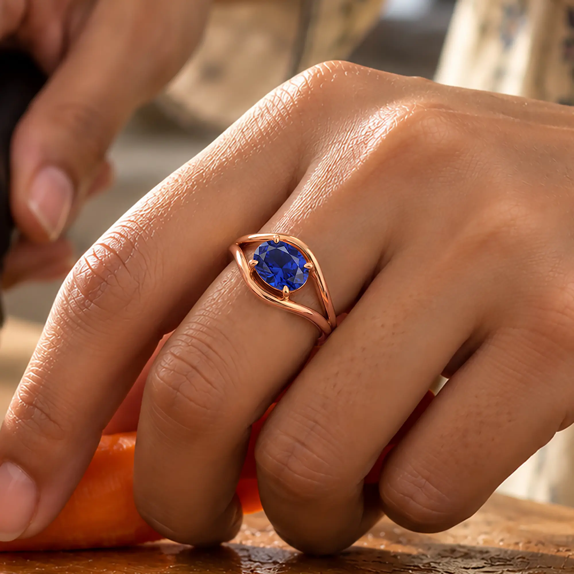 Blue Sapphire (Neelam) Ring for Women in 18K Rose Gold – Oval 9x8 mm, Prong Setting, 6 g (Design K16B-15) thumbnail
