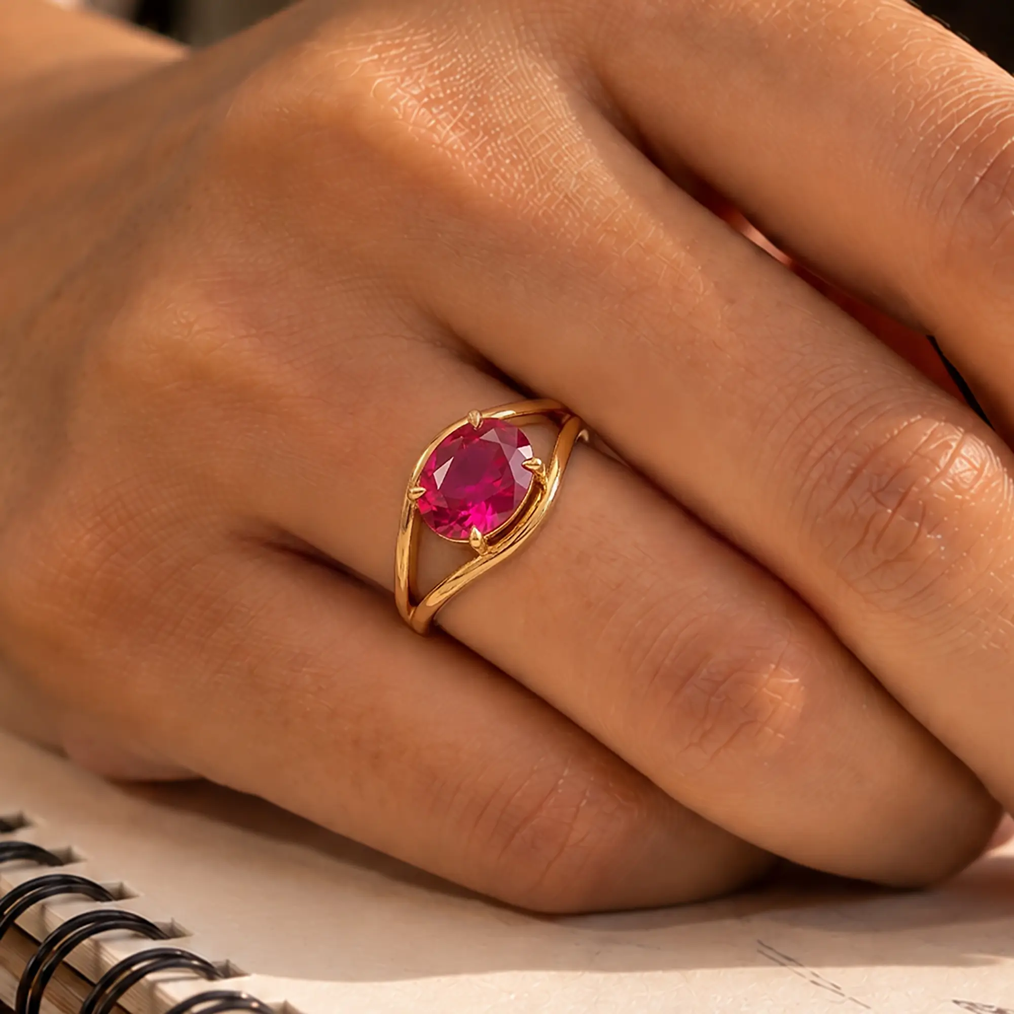 Ruby (Manik) Ring for Women in 22K Yellow Gold – Oval 9x8 mm, Prong Setting, 6 g (Design K16B-15) thumbnail