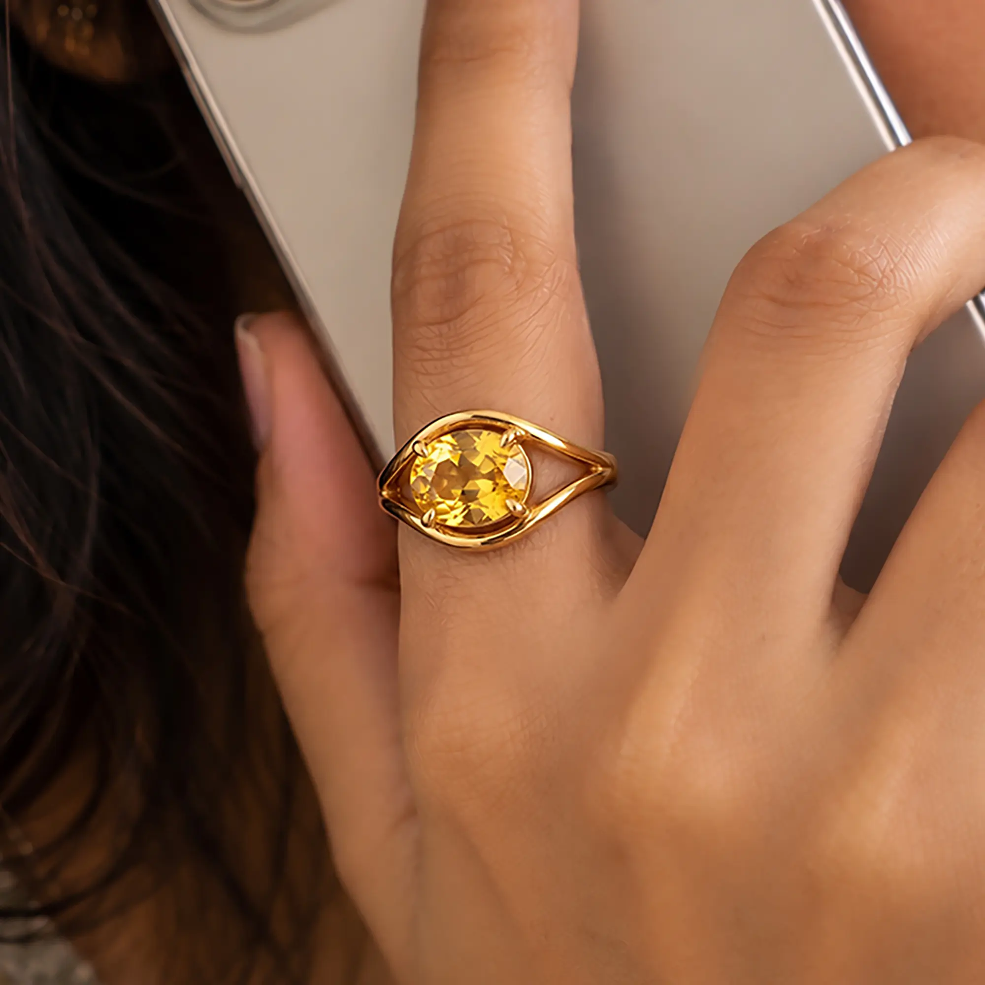 Yellow Sapphire (Pukhraj) Ring for Women in 22K Yellow Gold – Oval 9x8 mm, Prong Setting, 6 g (Design K16B-15) thumbnail