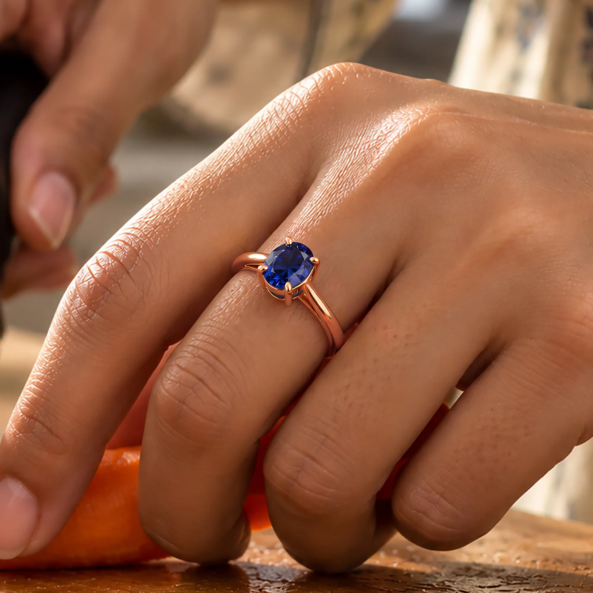 Blue Sapphire (Neelam) Ring for Women in 18K Rose Gold – Oval 9x8 mm, Prong Setting, 6 g (Design K16B-16) thumbnail