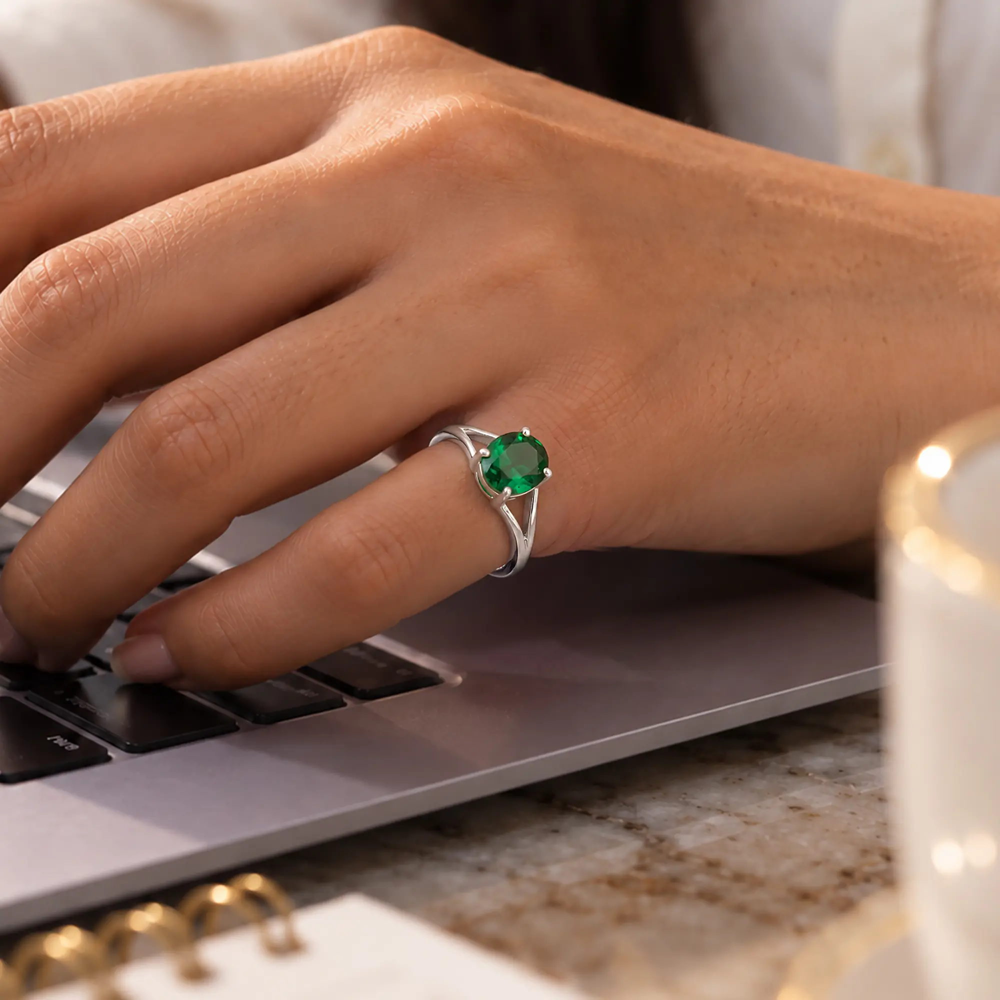 Emerald (Panna) Ring for Women in 18K White Gold – Oval 9x8 mm, Prong Setting, 6 g (Design K16B-16) thumbnail