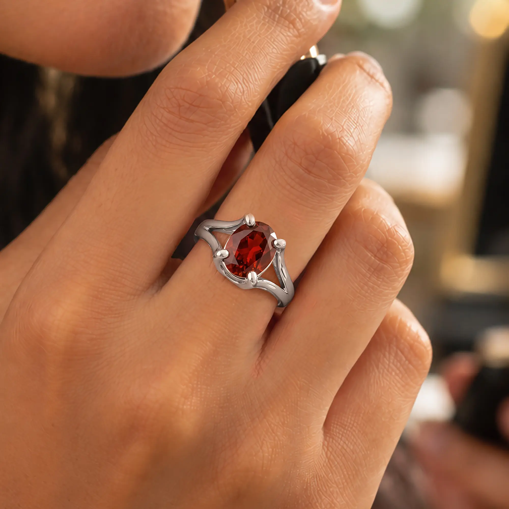 Hessonite (Gomed) Ring for Women in 18K White Gold – Oval 9x8 mm, Prong Setting, 7 g thumbnail