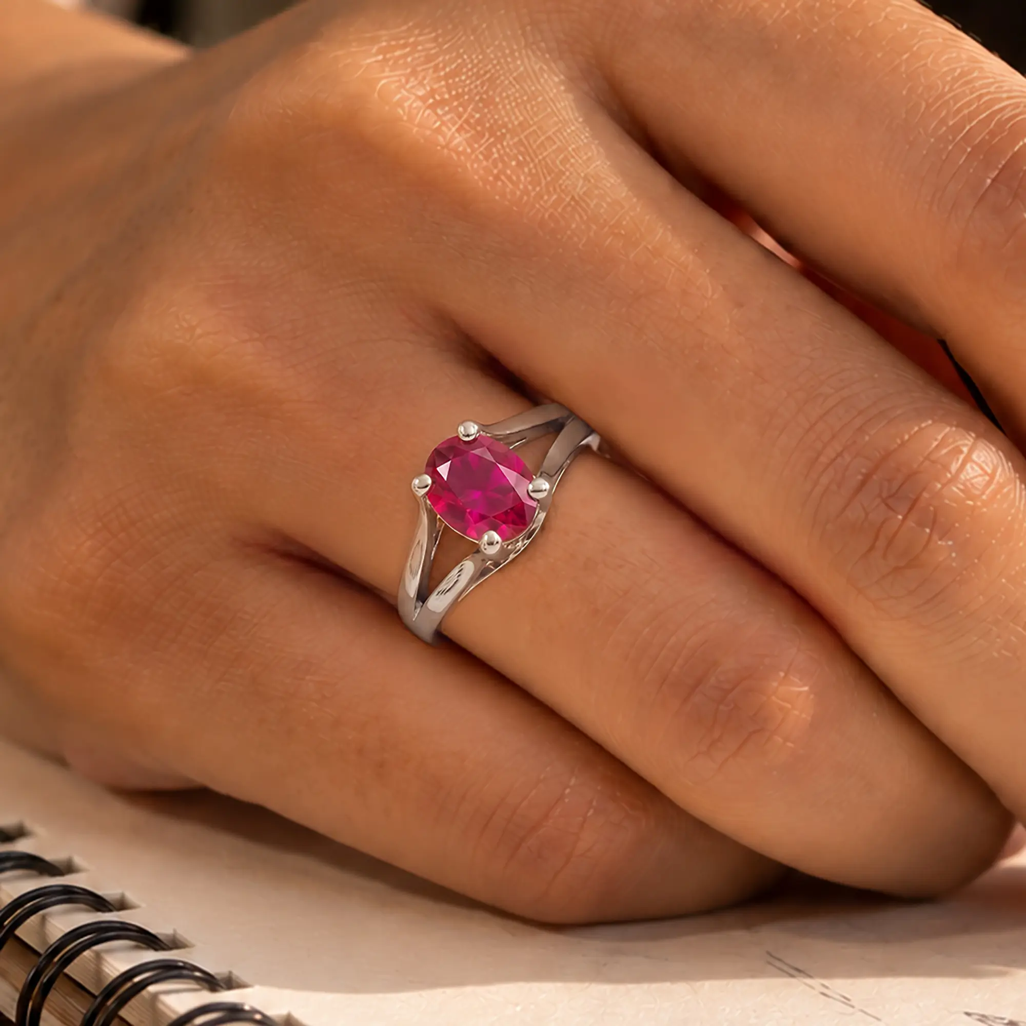 Ruby (Manik) Ring for Women in 18K White Gold – Oval 9x8 mm, Prong Setting, 7 g thumbnail