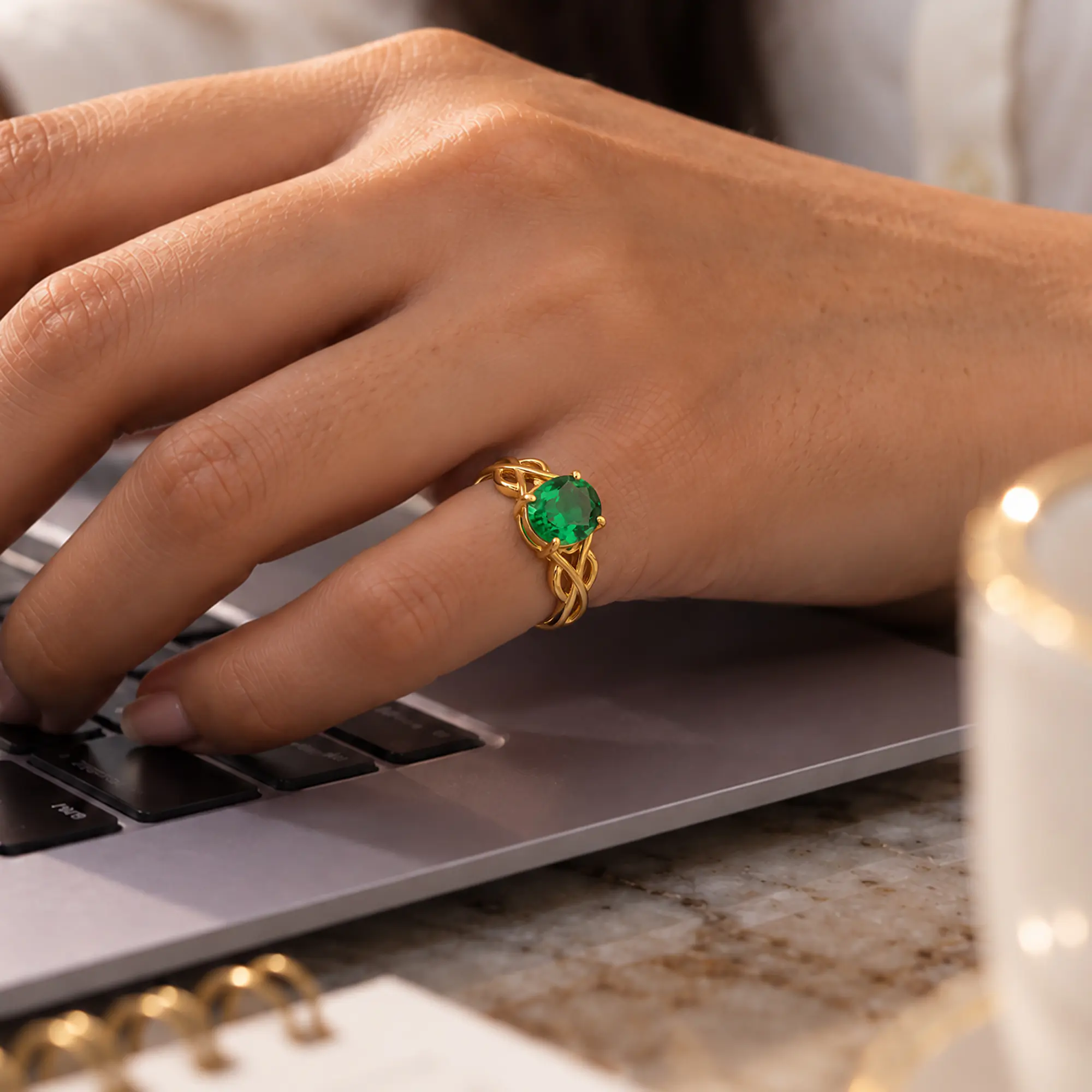 Emerald (Panna) Ring for Women in 22K Yellow Gold – Oval 9x8 mm, Prong Setting, 5 g (Design K16B-19) thumbnail
