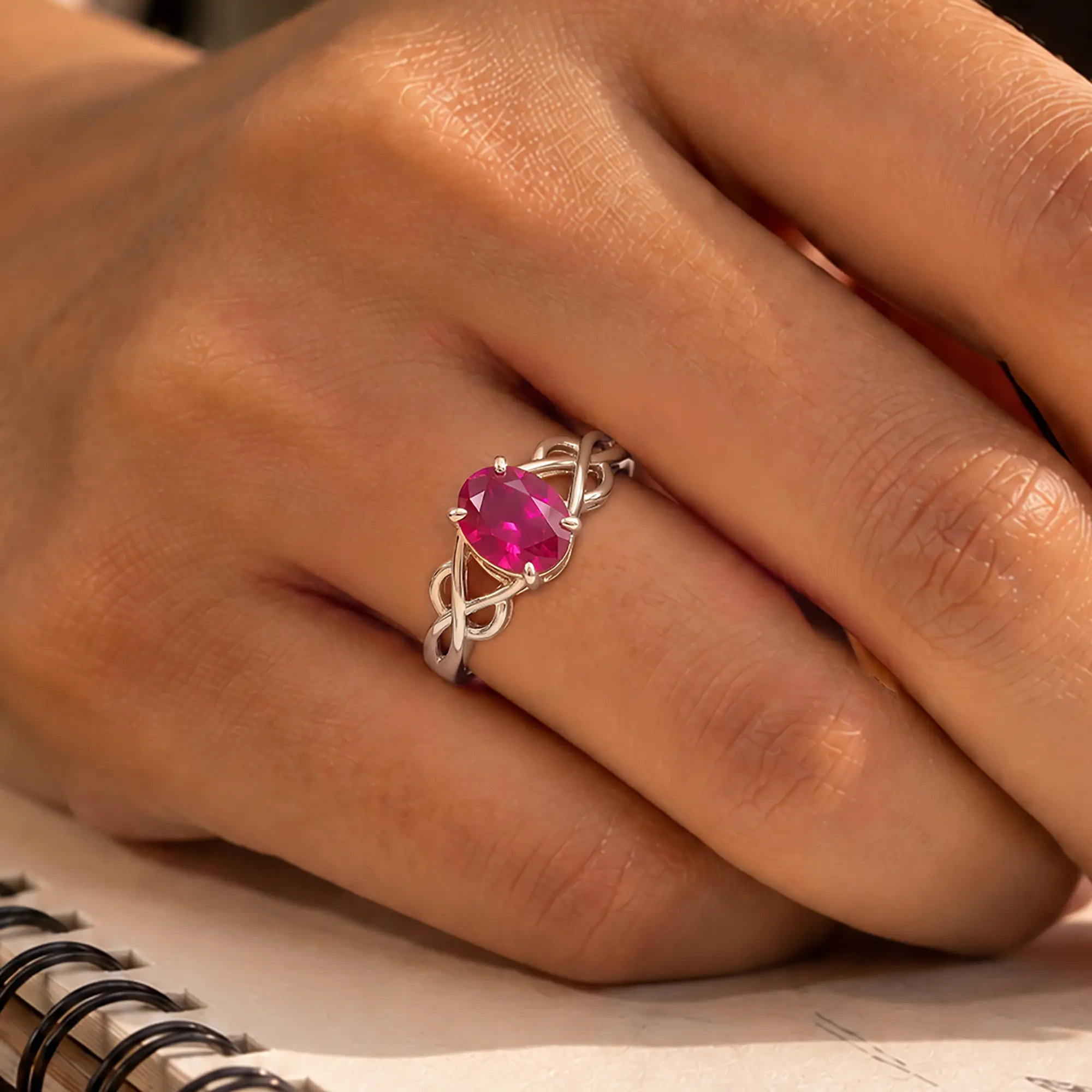 Ruby (Manik) Ring for Women in 18K White Gold – Oval 9x8 mm, Prong Setting, 5 g (Design K16B-19) thumbnail