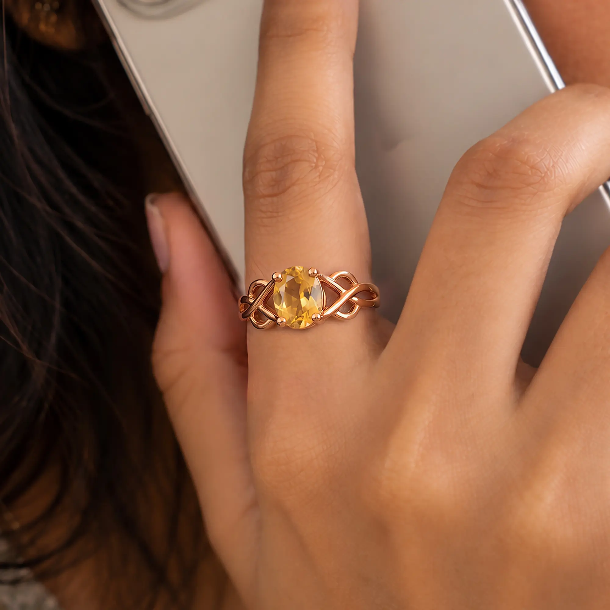 Yellow Sapphire (Pukhraj) Ring for Women in 18K Rose Gold – Oval 9x8 mm, Prong Setting, 5 g (Design K16B-19) thumbnail