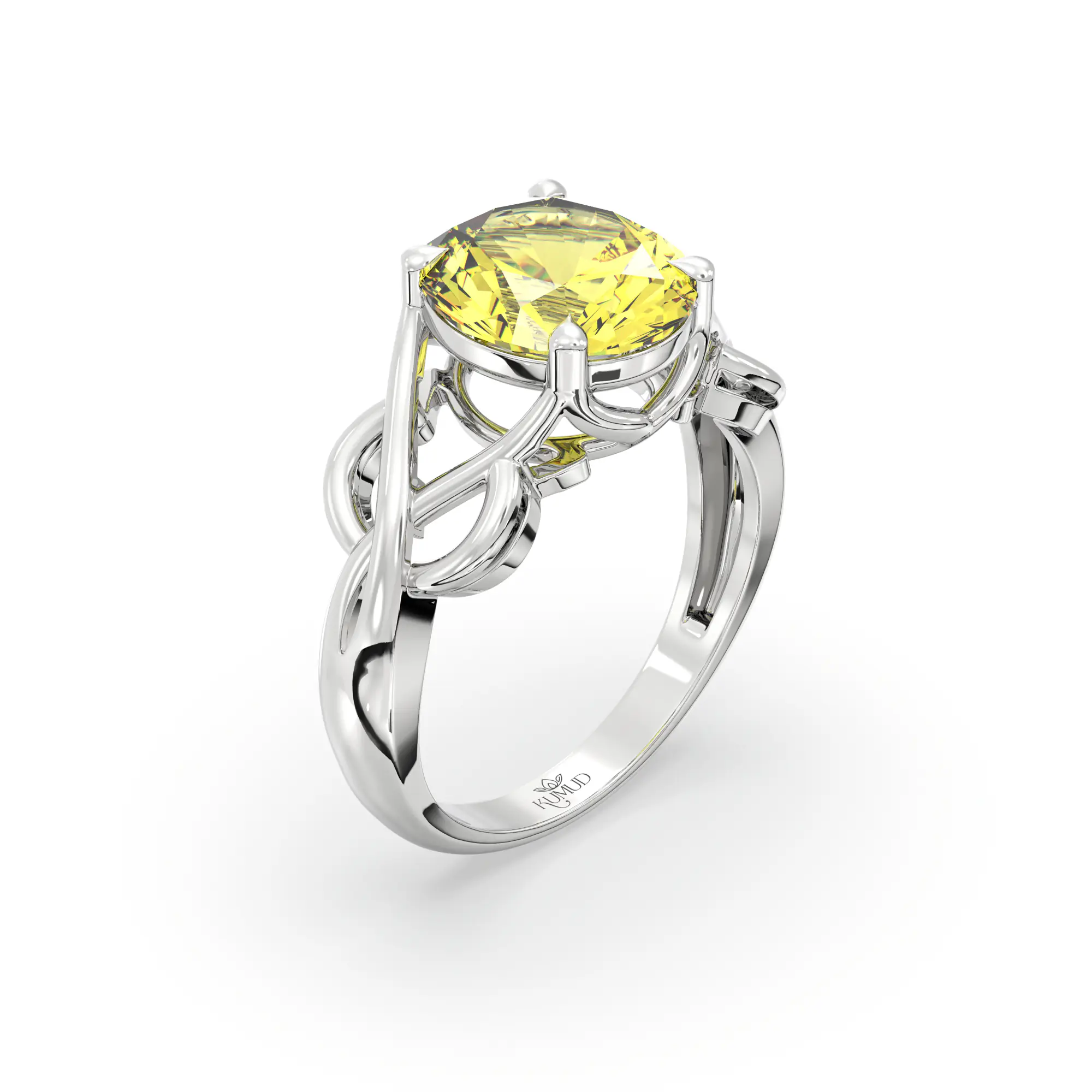 Yellow Sapphire (Pukhraj) Ring for Women in 18K White Gold – Oval 9x8 mm, Prong Setting, 5 g (Design K16B-19) thumbnail