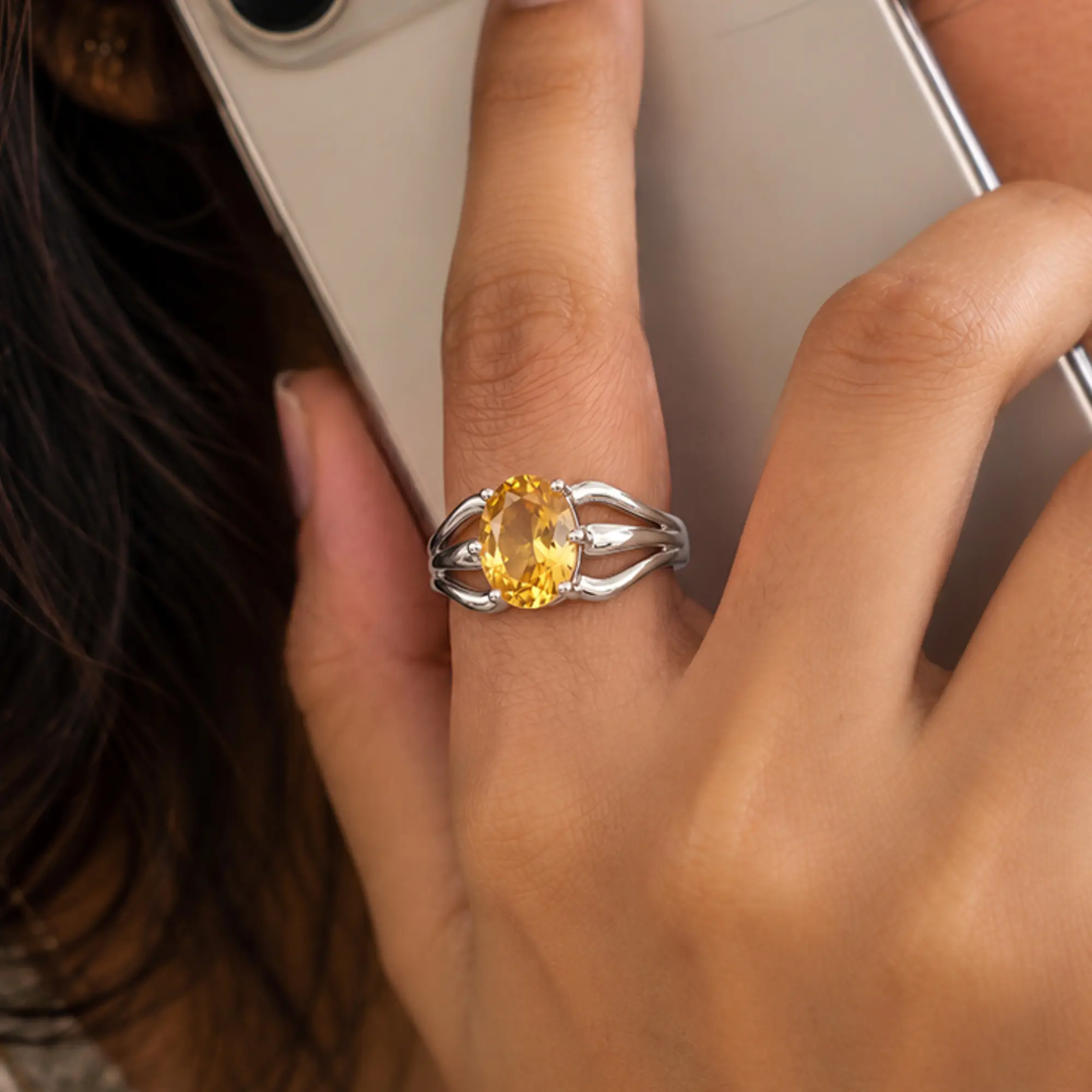 Yellow Sapphire (Pukhraj) Ring for Women in 18K White Gold – Oval 9x8 mm, Prong Setting, 4 g (Design K17A-1) thumbnail