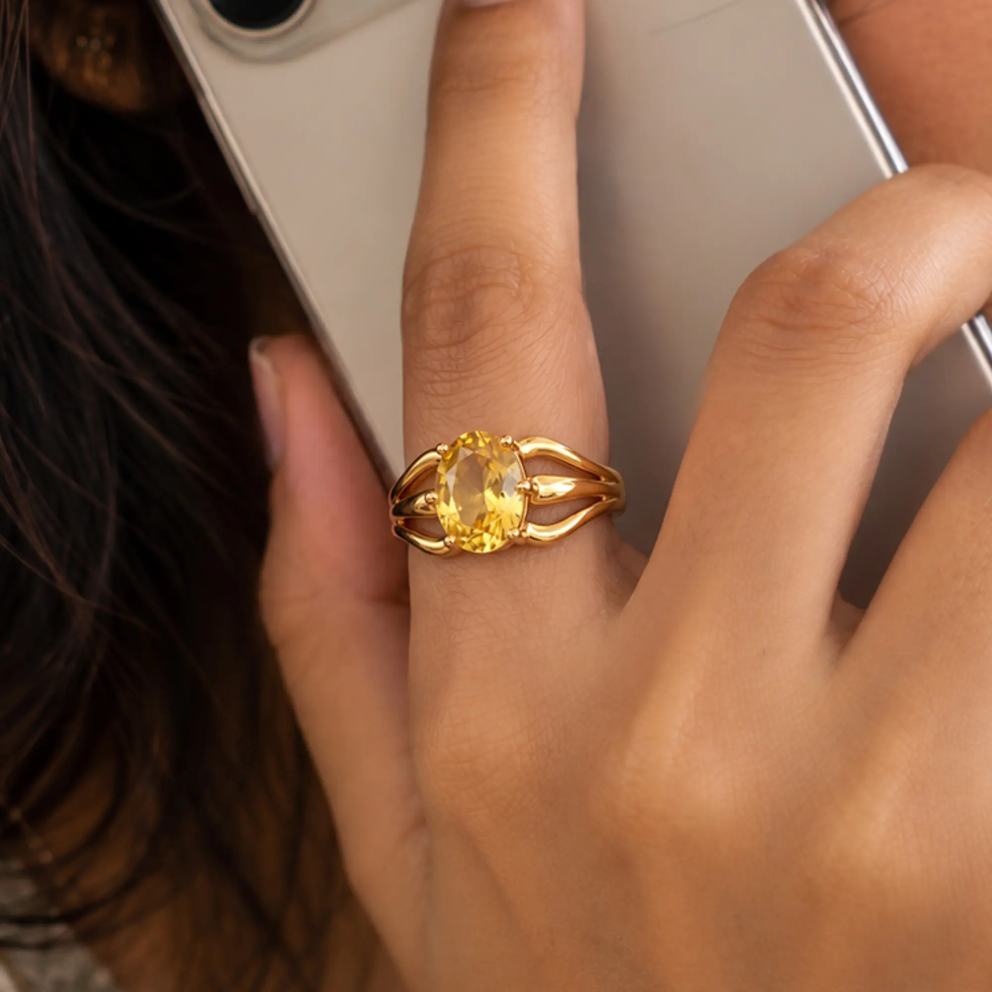 Yellow Sapphire (Pukhraj) Ring for Women in 22K Yellow Gold – Oval 9x8 mm, Prong Setting, 4 g (Design K17A-1) thumbnail