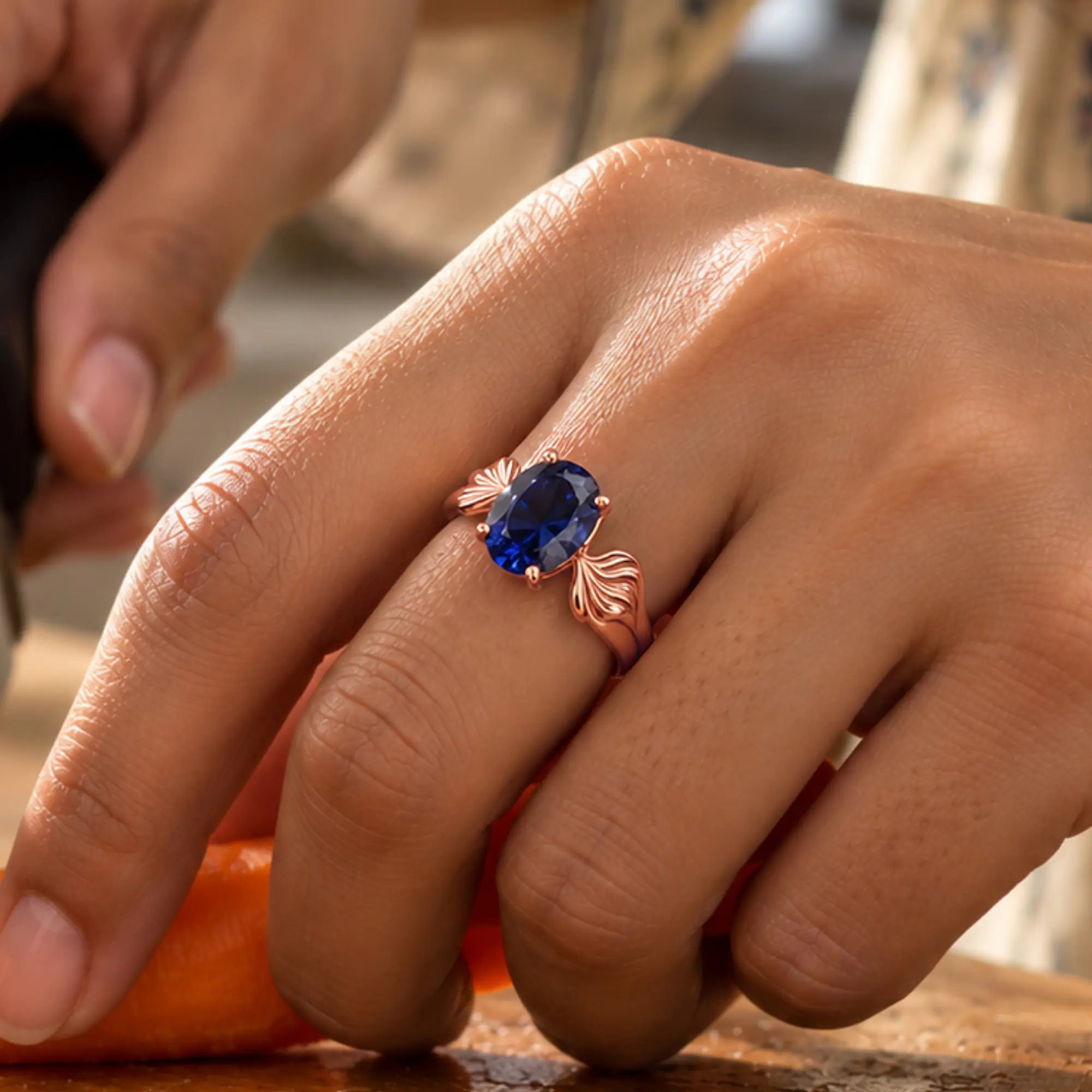 Blue Sapphire (Neelam) Ring for Women in 18K Rose Gold – Oval 9x8 mm, Prong Setting, 4 g (Design K17A-2) thumbnail