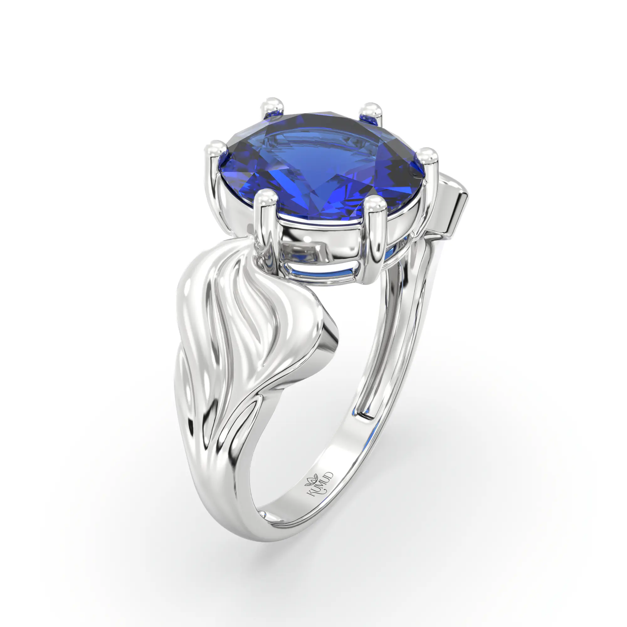 Blue Sapphire (Neelam) Ring for Women in 18K White Gold – Oval 9x8 mm, Prong Setting, 4 g (Design K17A-2) thumbnail