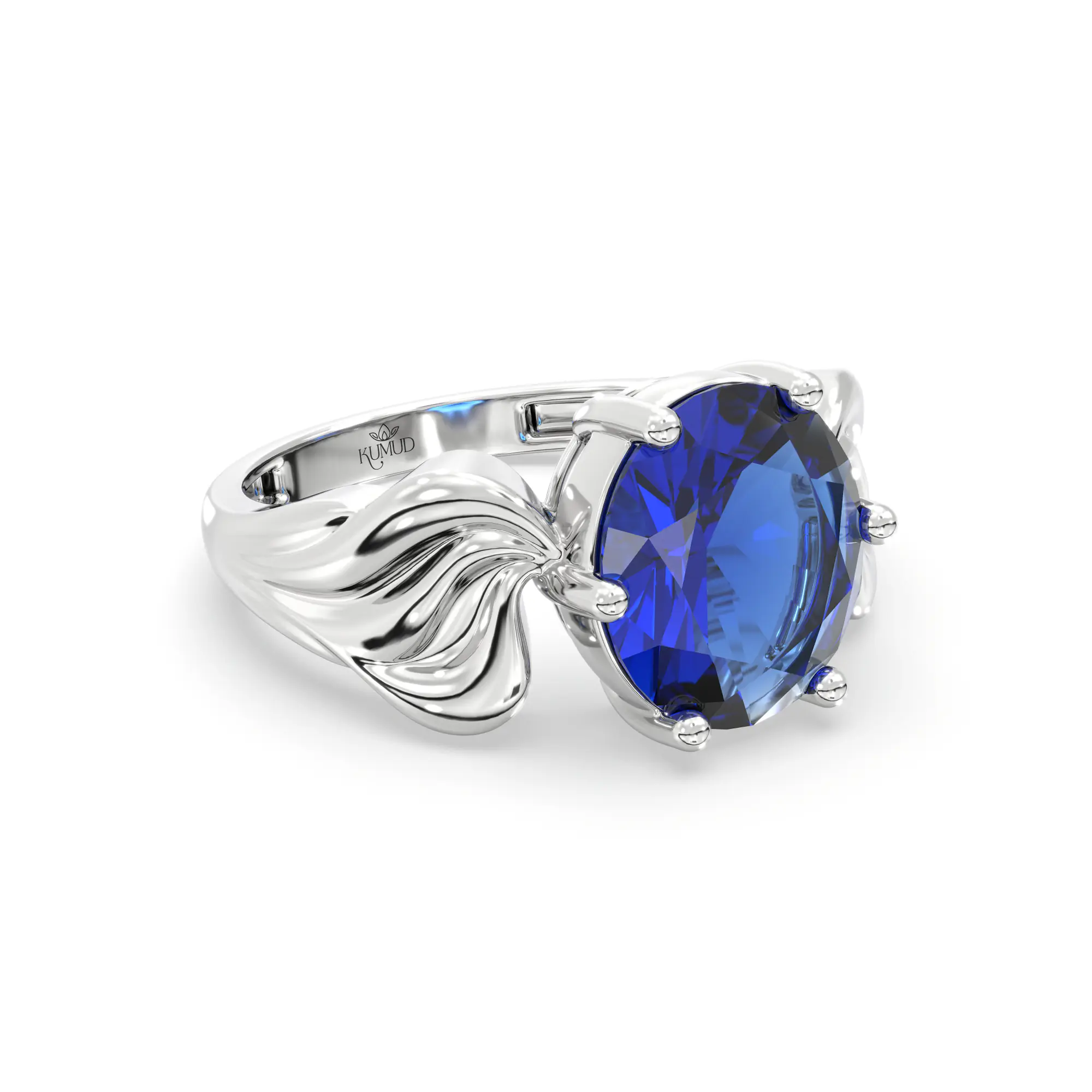 Blue Sapphire (Neelam) Ring for Women in 18K White Gold – Oval 9x8 mm, Prong Setting, 4 g (Design K17A-2) thumbnail
