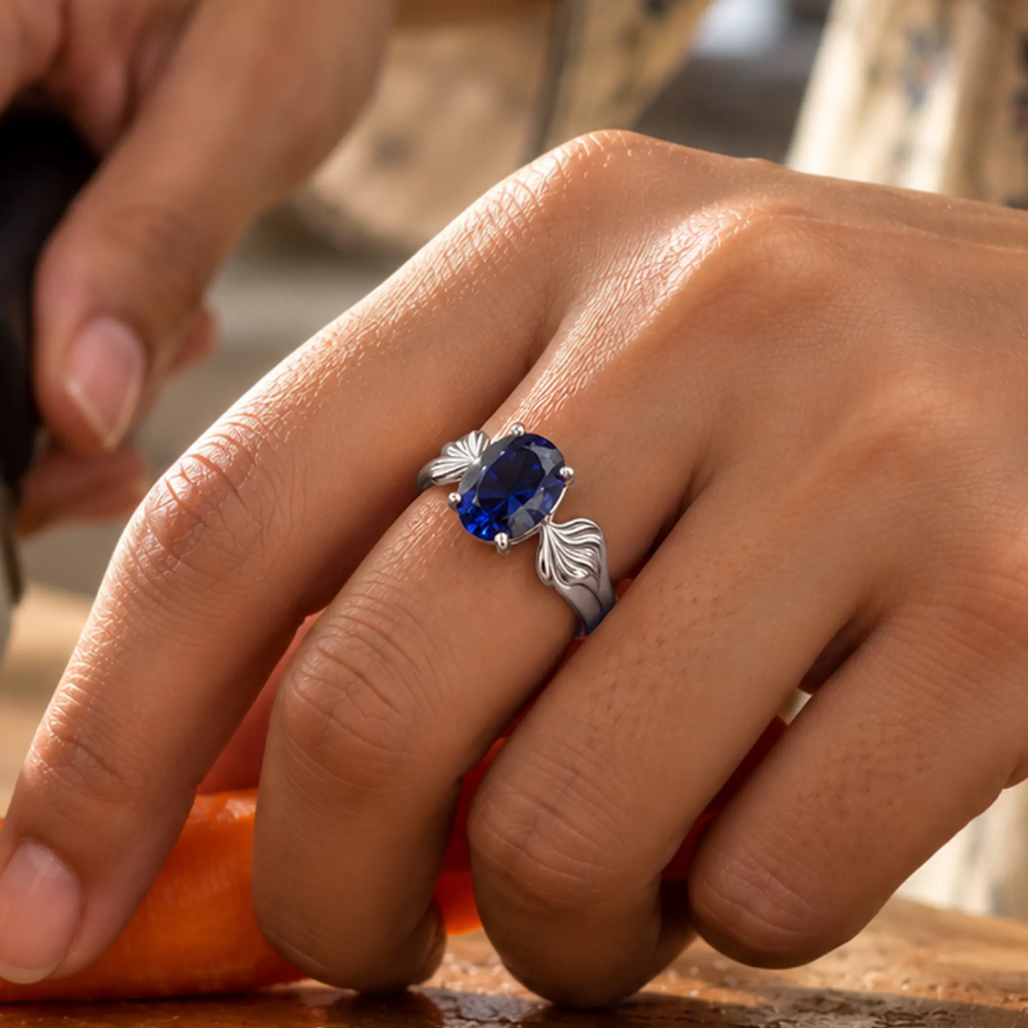 Blue Sapphire (Neelam) Ring for Women in 18K White Gold – Oval 9x8 mm, Prong Setting, 4 g (Design K17A-2) thumbnail